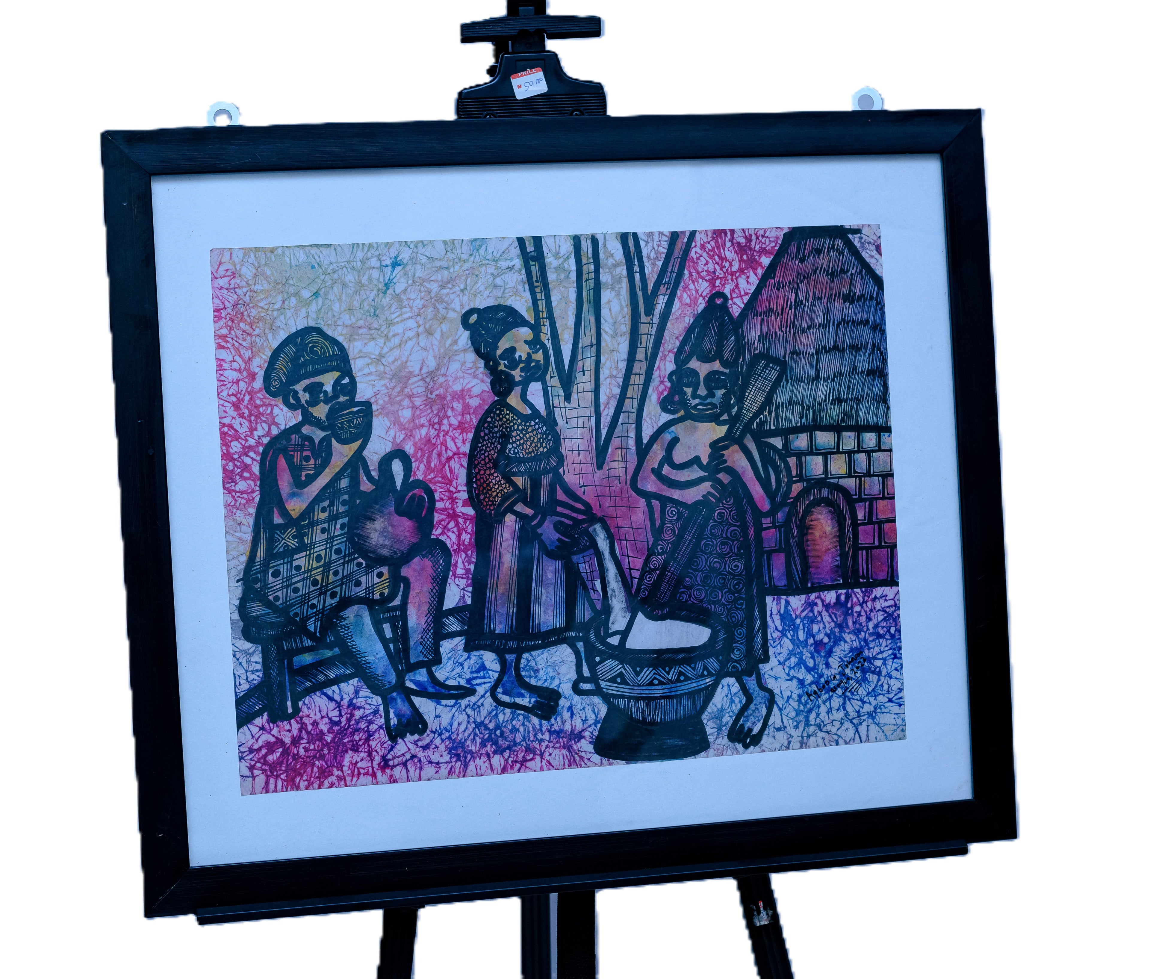 African Village Life — Three Figures by the Hut — Original Batik on Paper