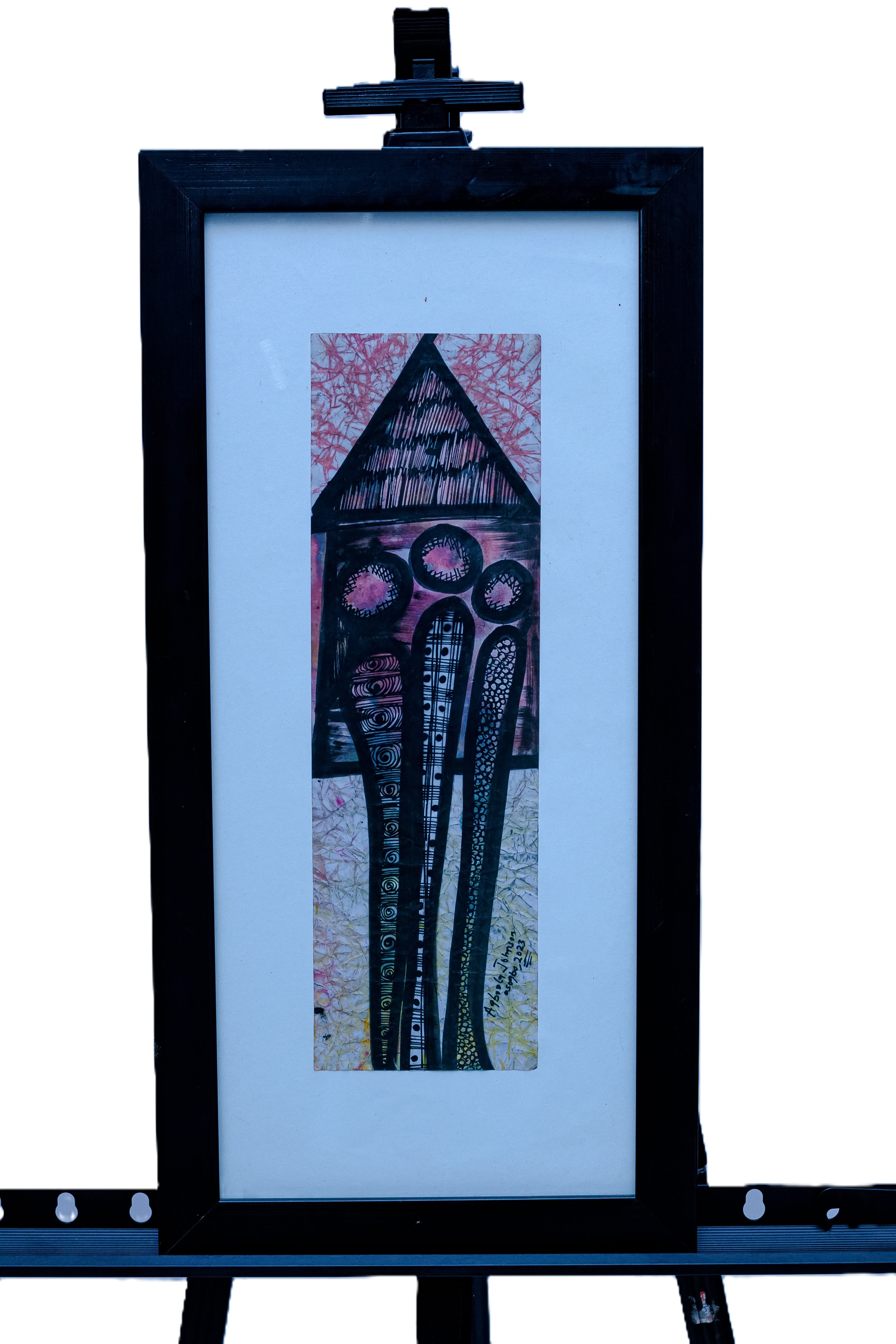African Village Hut with Three Figures — Original Batik on Paper