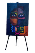 African Cubist Face in Deep Blue — Original Painting on Canvas