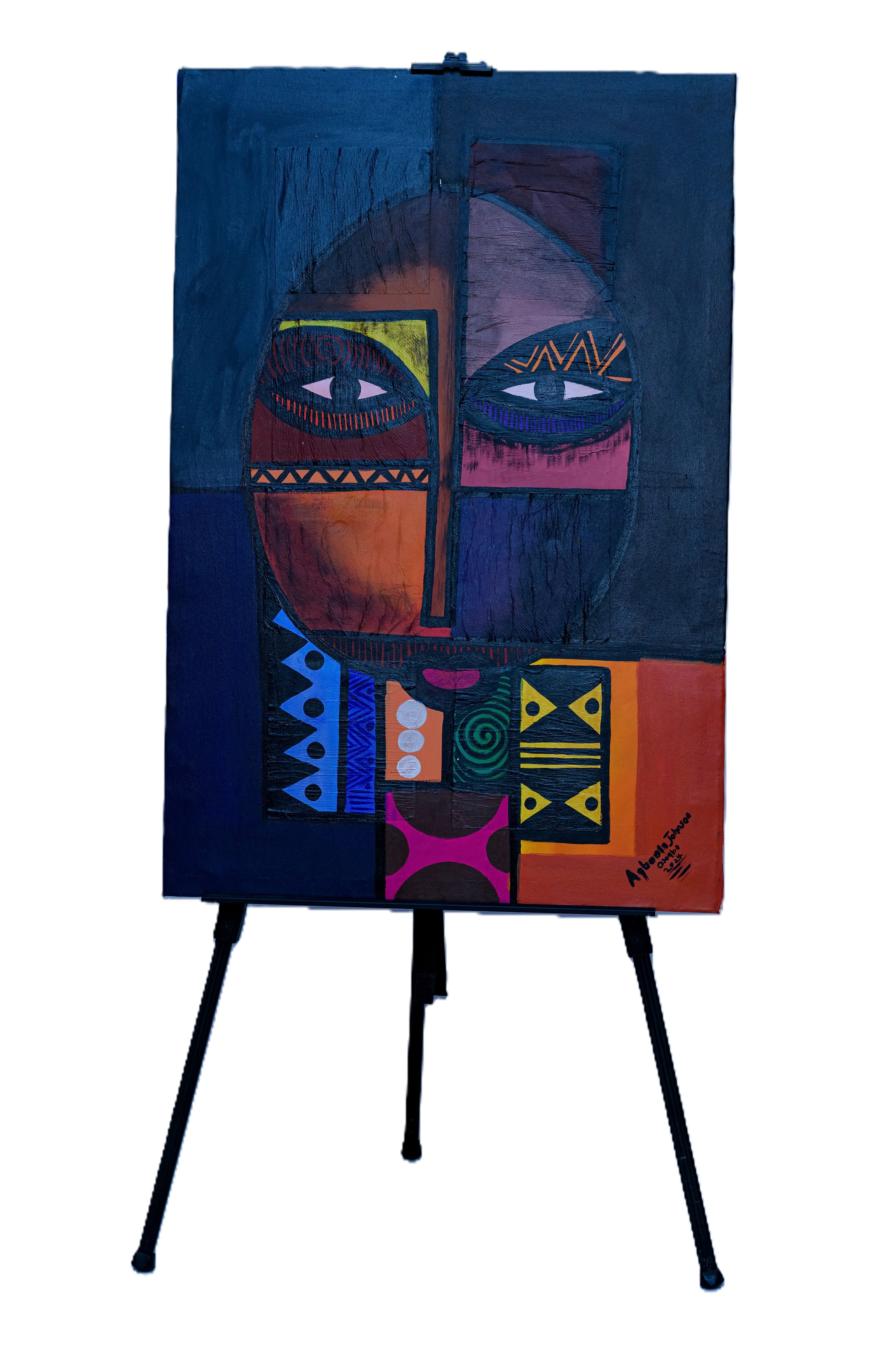 African Cubist Face in Deep Blue — Original Painting on Canvas