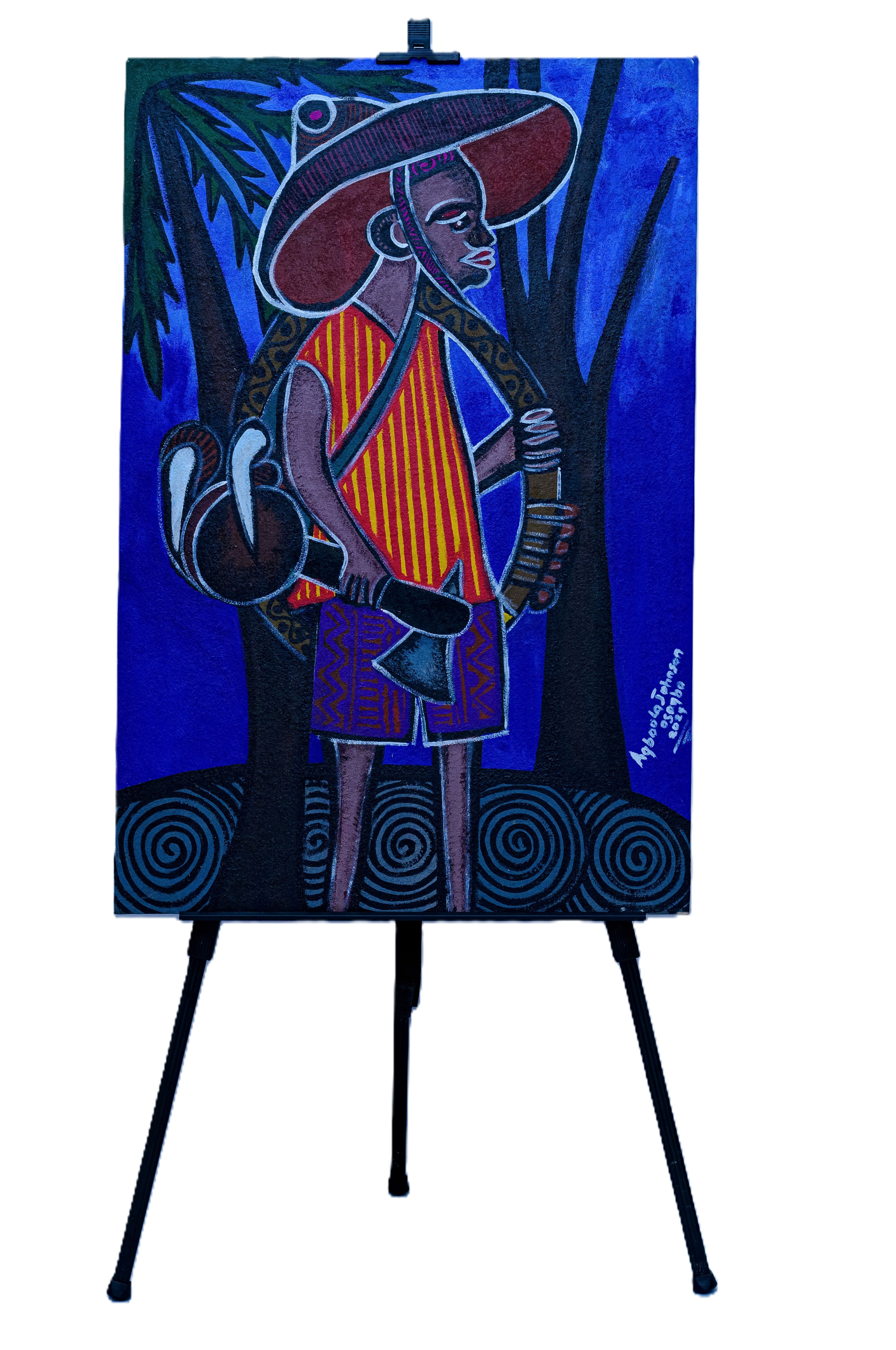 African Boy in Wide-Brimmed Hat — Original Painting on Canvas