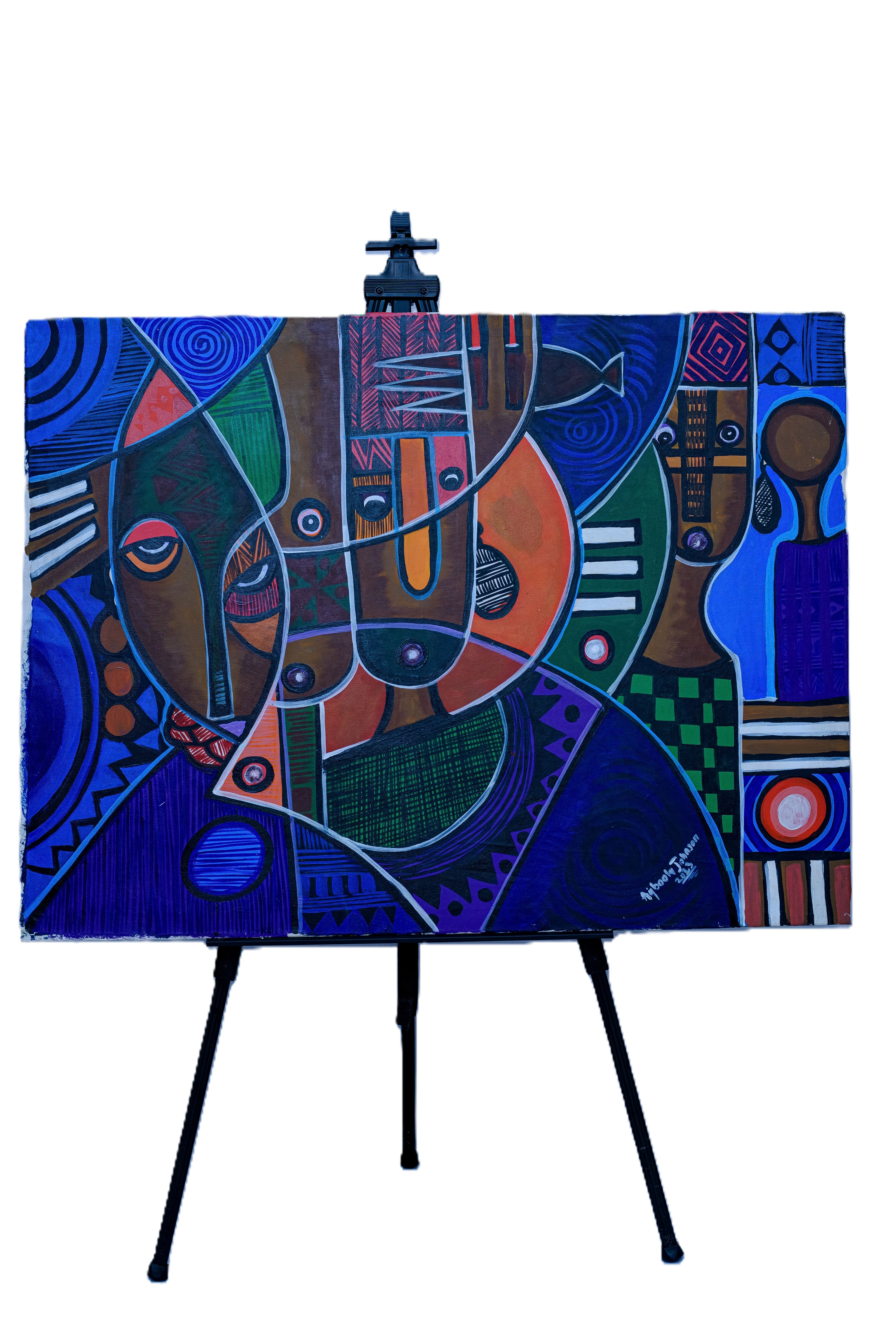 African Cubist Figures in Blue & Orange — Original Painting on Canvas