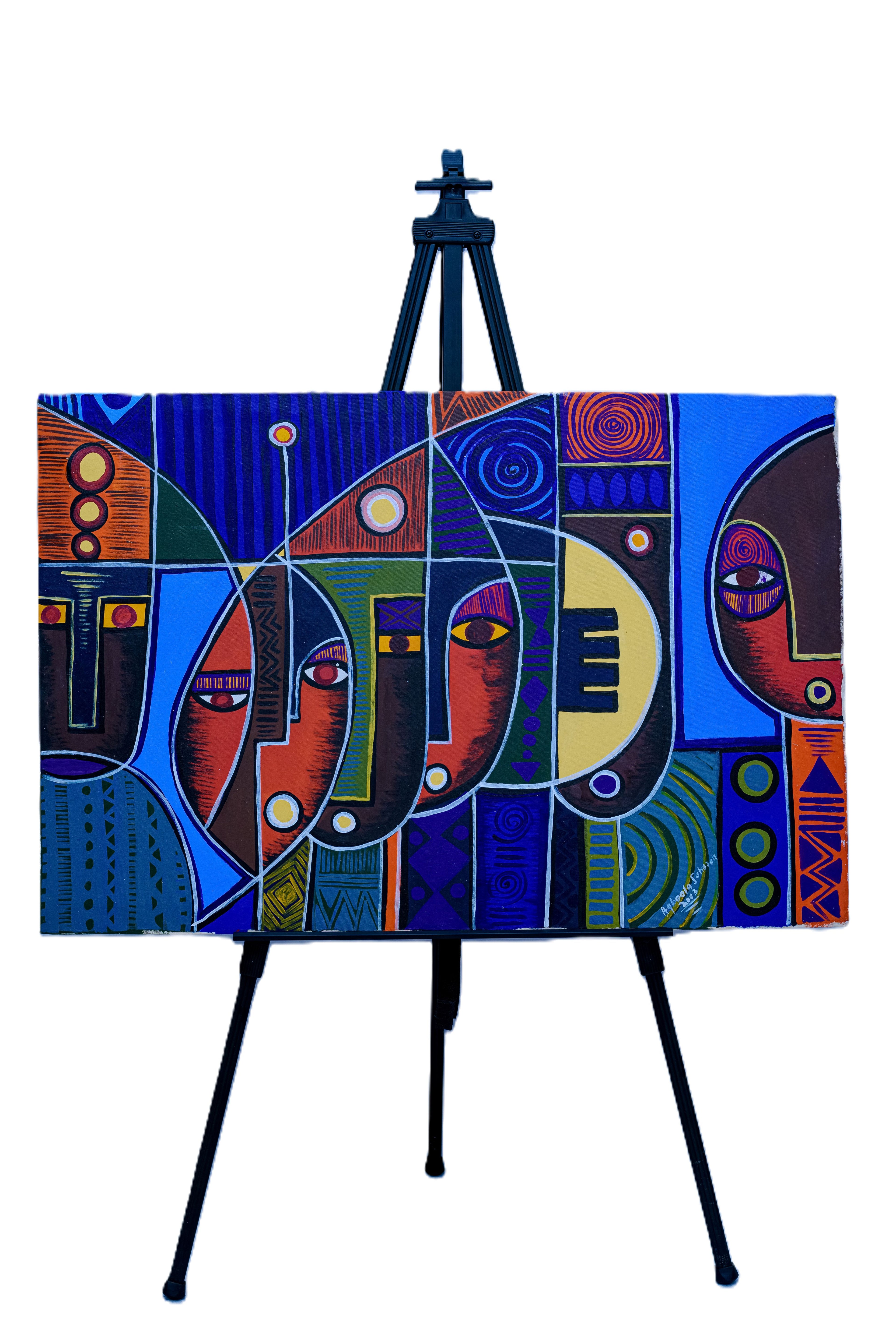 African Cubist Faces in Blue — Original Painting on Canvas