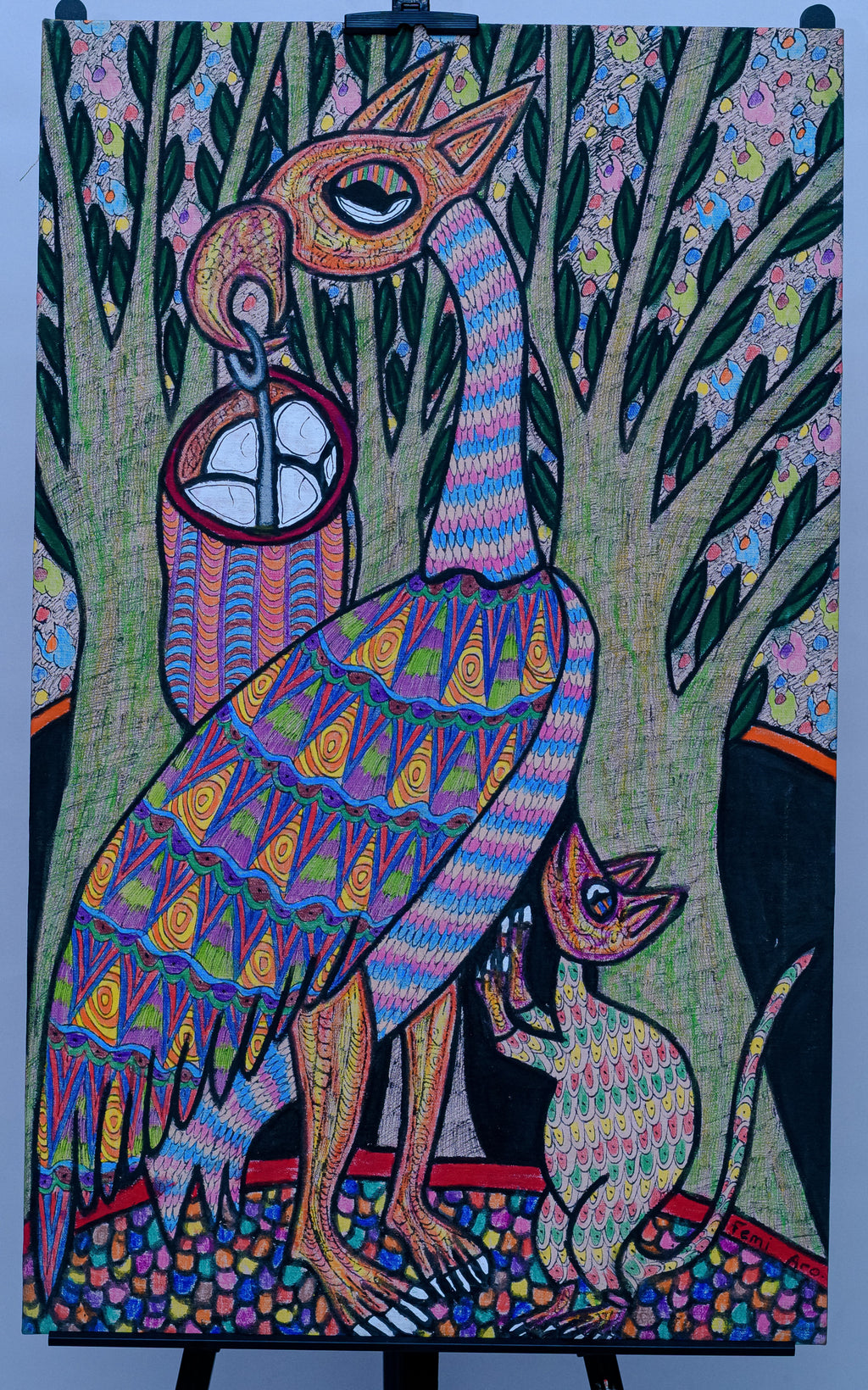 African Spirit Bird & Cat — Original Painting on Canvas