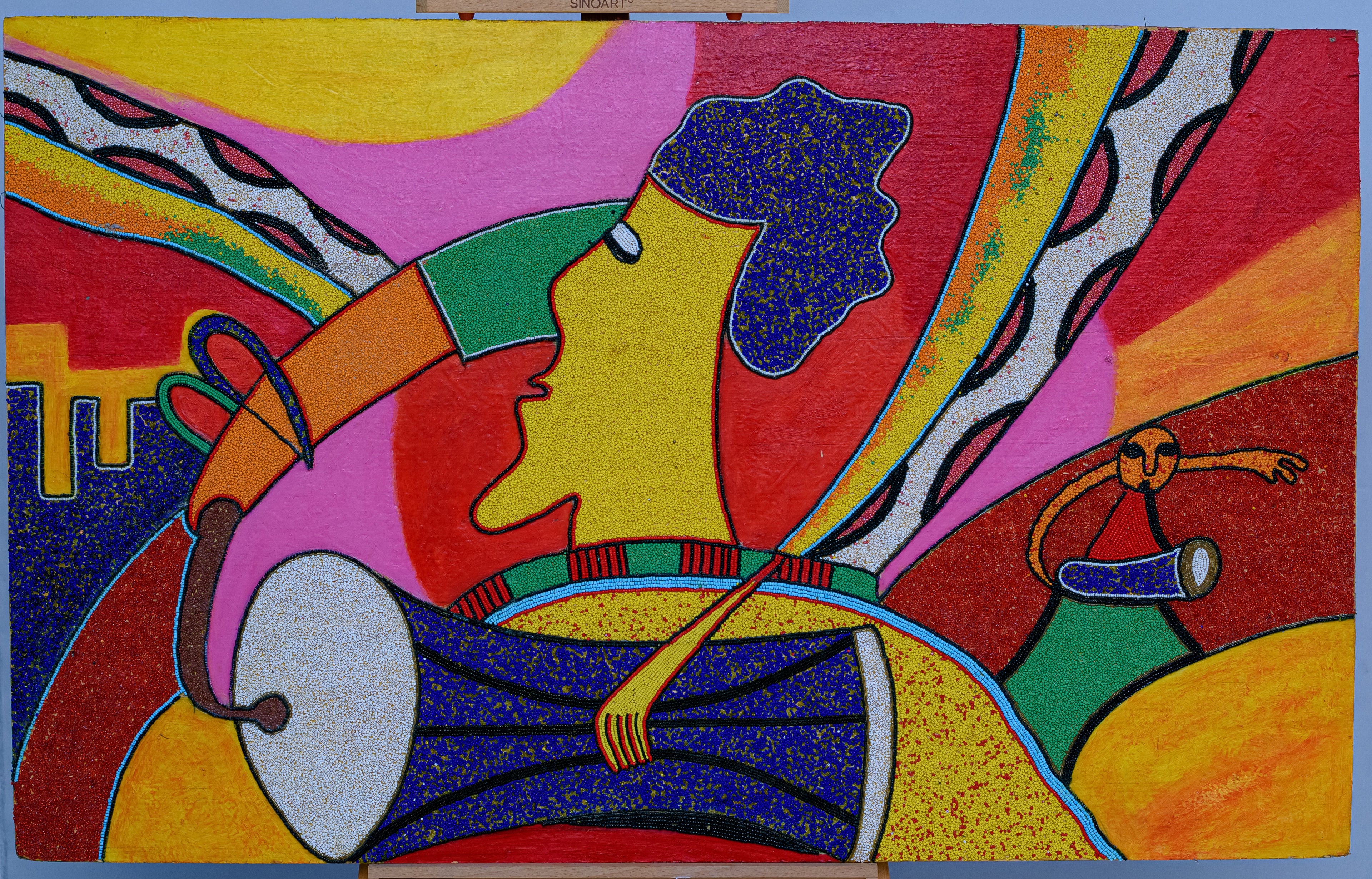 African Drummer in Motion — Original Beaded Painting on Wood
