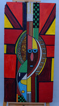African Tribal Mask in Red — Original Beaded Painting on Wood