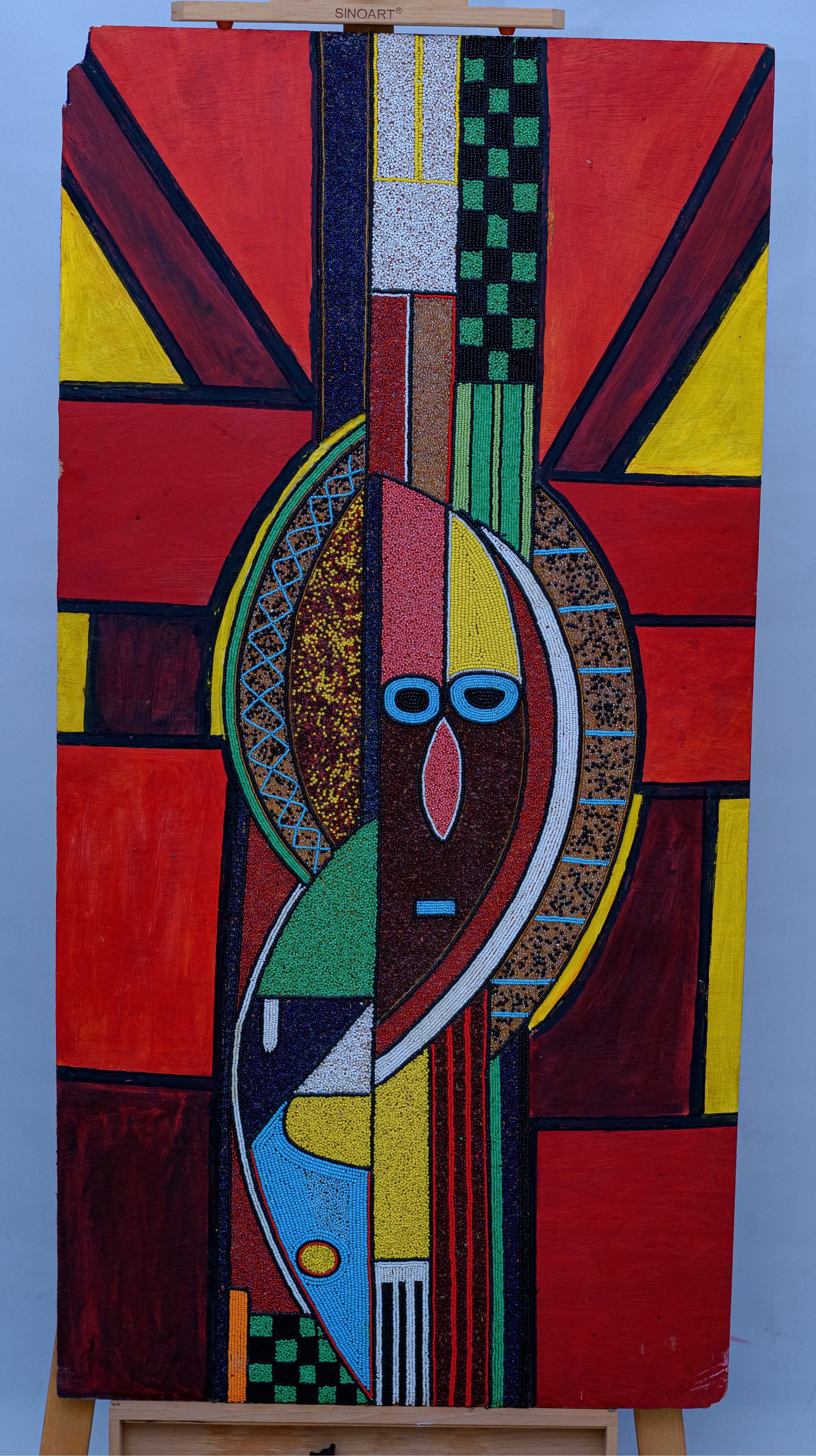African Tribal Mask in Red — Original Beaded Painting on Wood