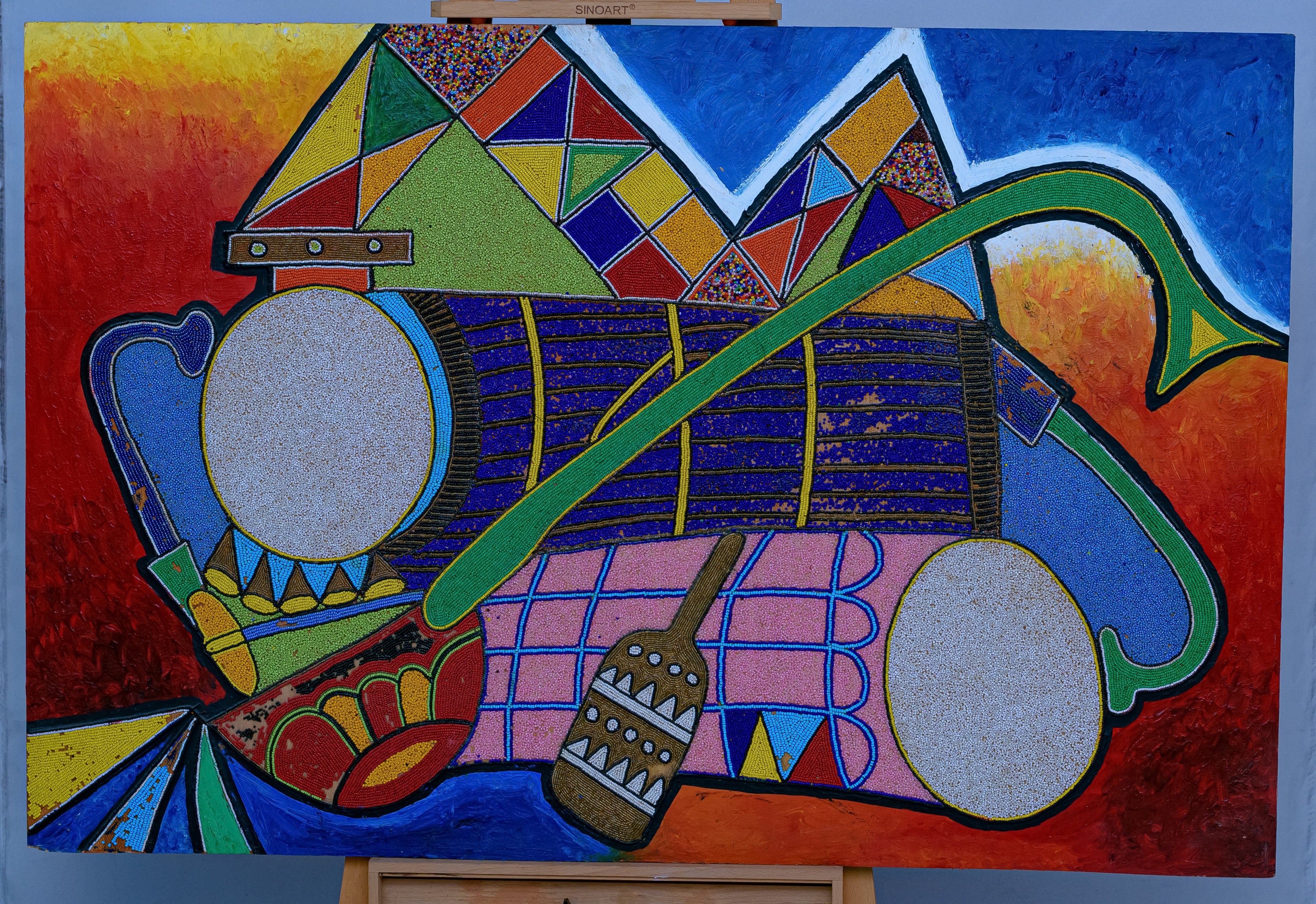 African Drums & Rhythm — Original Beaded Painting on Wood