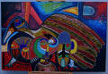 African Cubist Mask & Bird — Original Beaded Painting on Wood