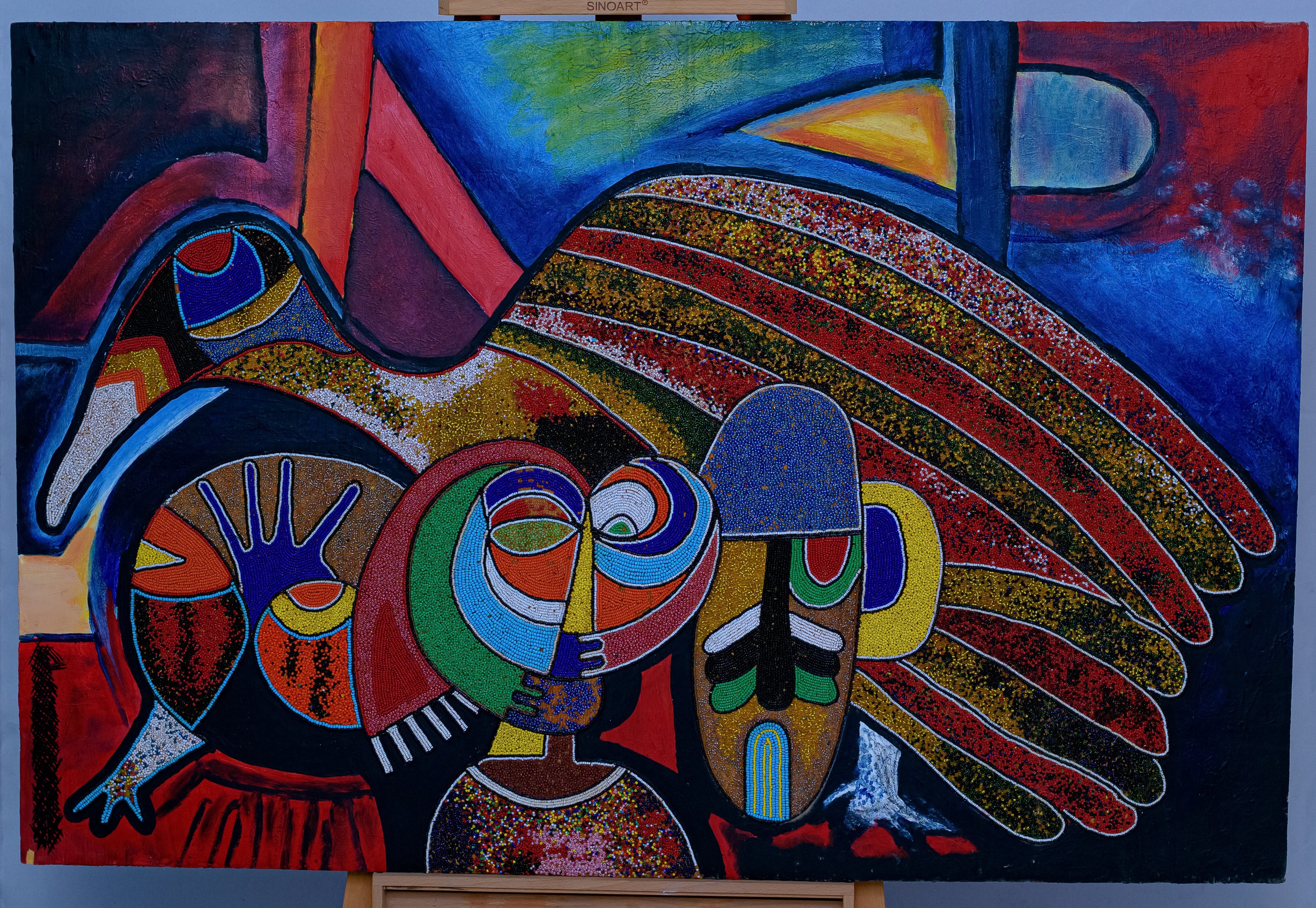 African Cubist Mask & Bird — Original Beaded Painting on Wood