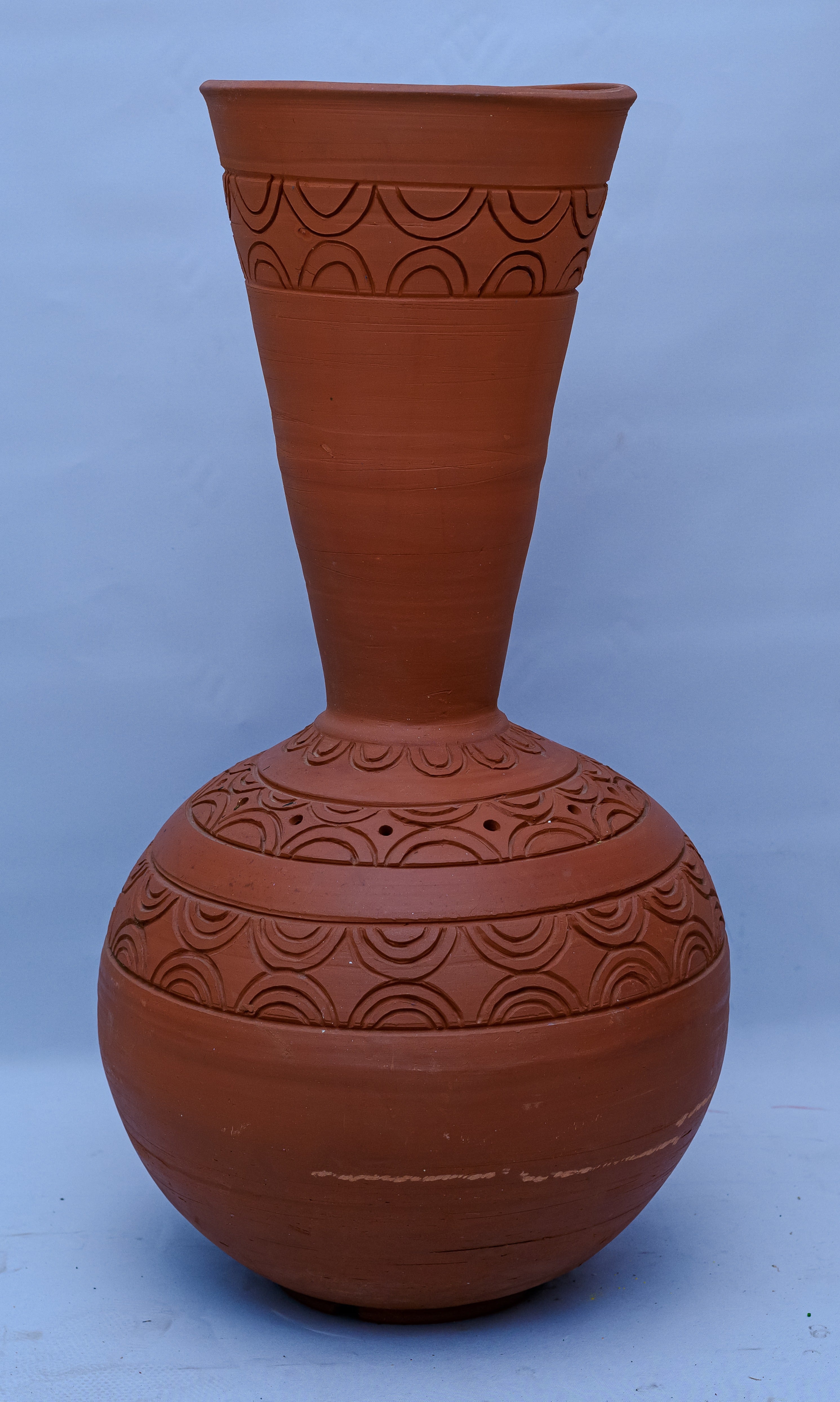 Handcrafted Terracotta Globe Vase with Arc Scale Carved Bands