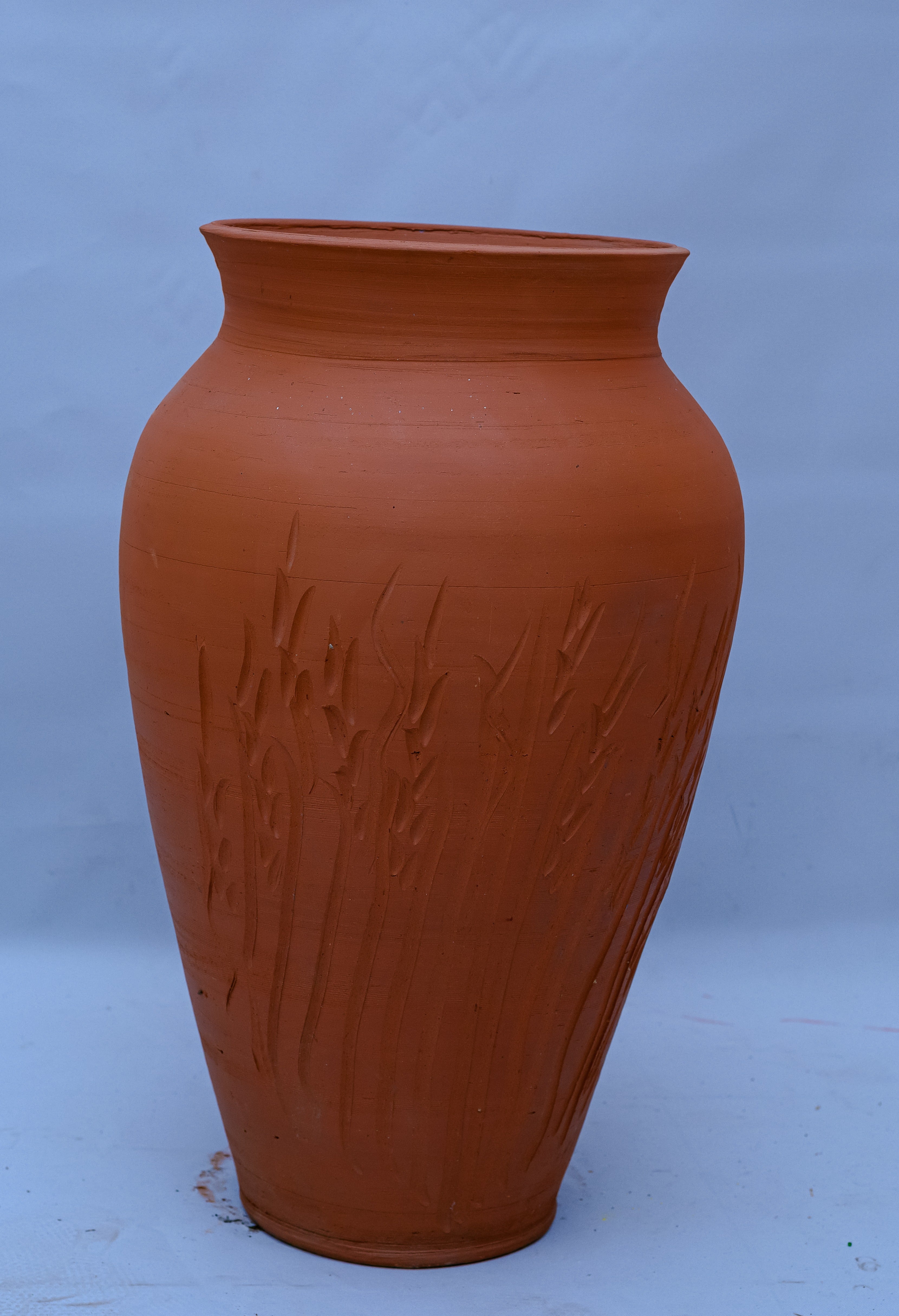 Handcrafted Terracotta Tall Urn Vase with Grass Blade Texture