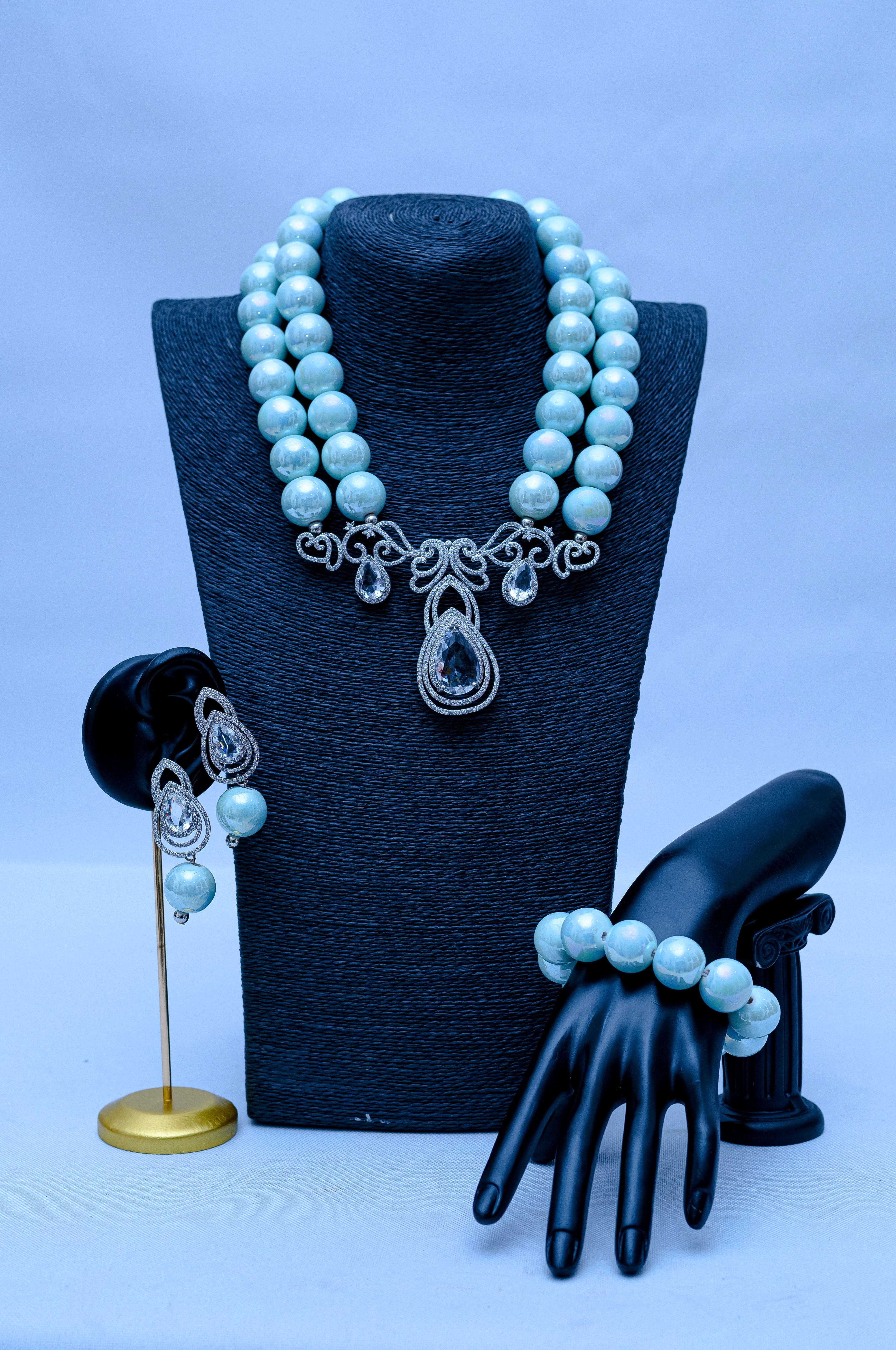 Women's Double Strand Mint Pearl, Silver Pavé Scrollwork & Aquamarine Crystal Drop Necklace, Bracelet & Earring Set