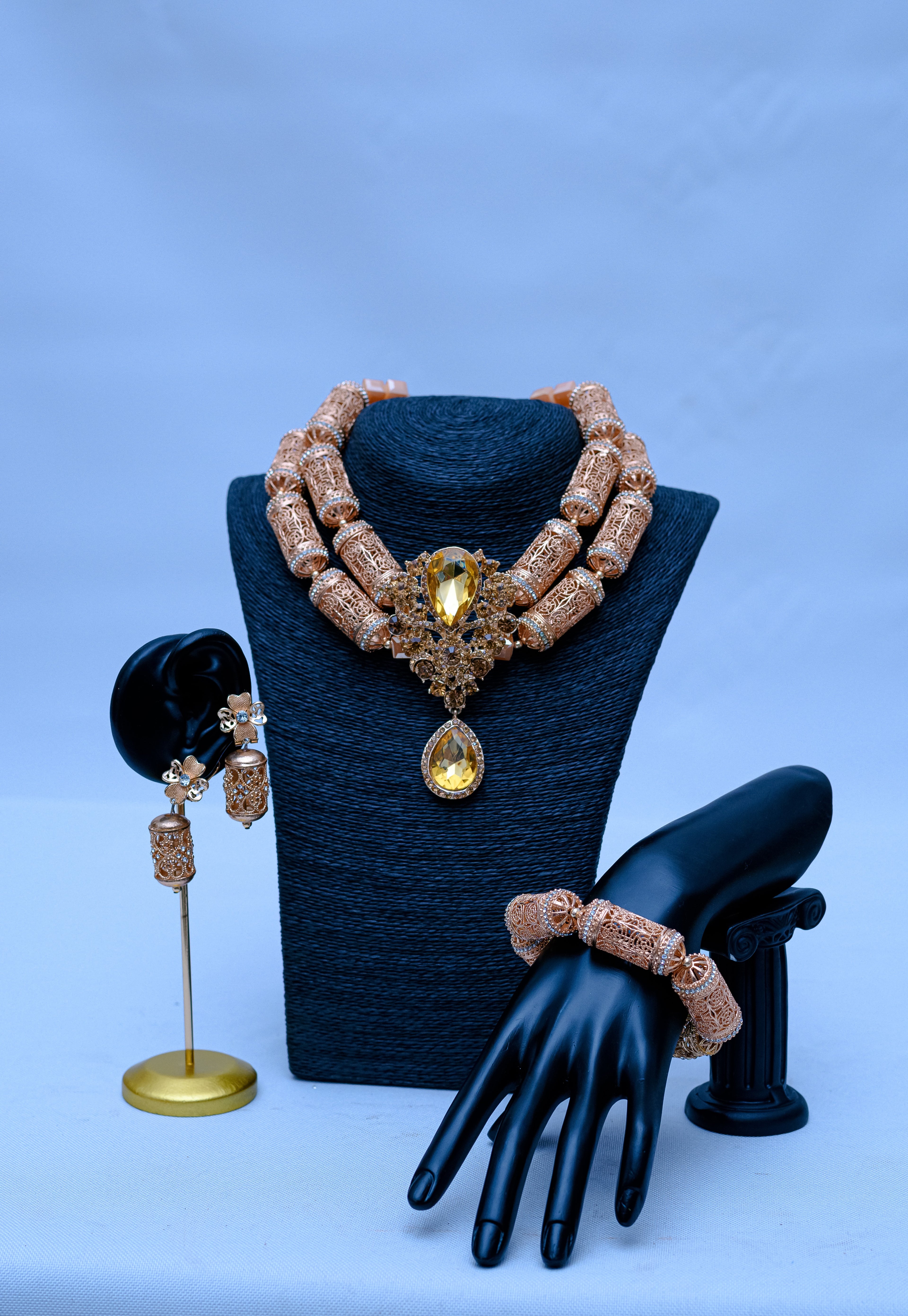 Women's Double Strand Rose Gold Filigree Tube, Citrine Crystal & Floral Pendant Necklace, Bracelet & Earring Set