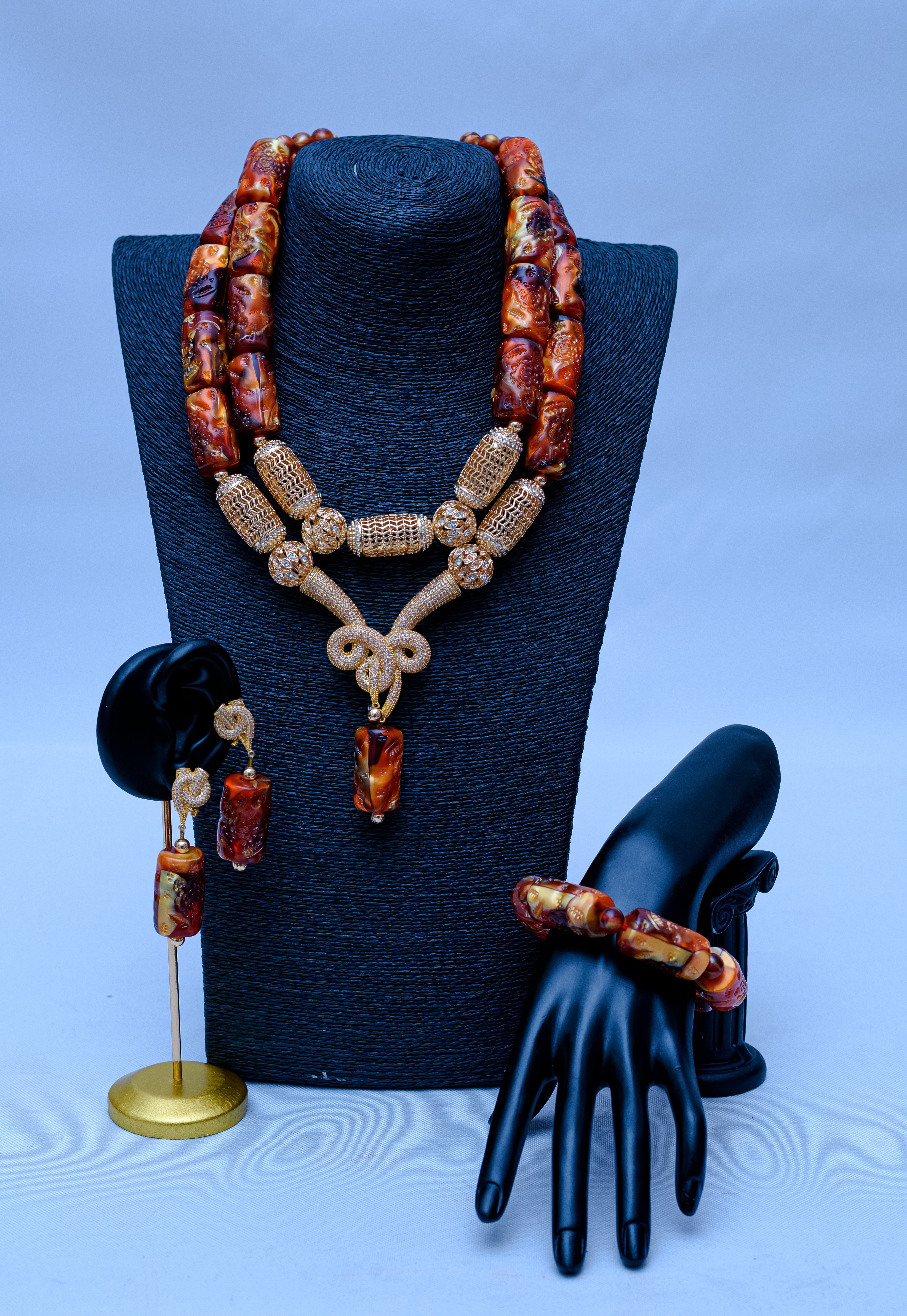 Women's Double Strand Amber Resin Tube, Gold Mesh & Knot Pendant Necklace, Bracelet & Earring Set