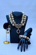 Women's Double Strand Marble Agate, Gold Filigree & Sapphire Crystal Pendant Necklace, Bracelet & Earring Set