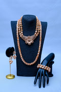 Women's Double Strand Peach Crystal Cube, Gold Filigree & Rose Flower Necklace, Bracelet & Earring Set