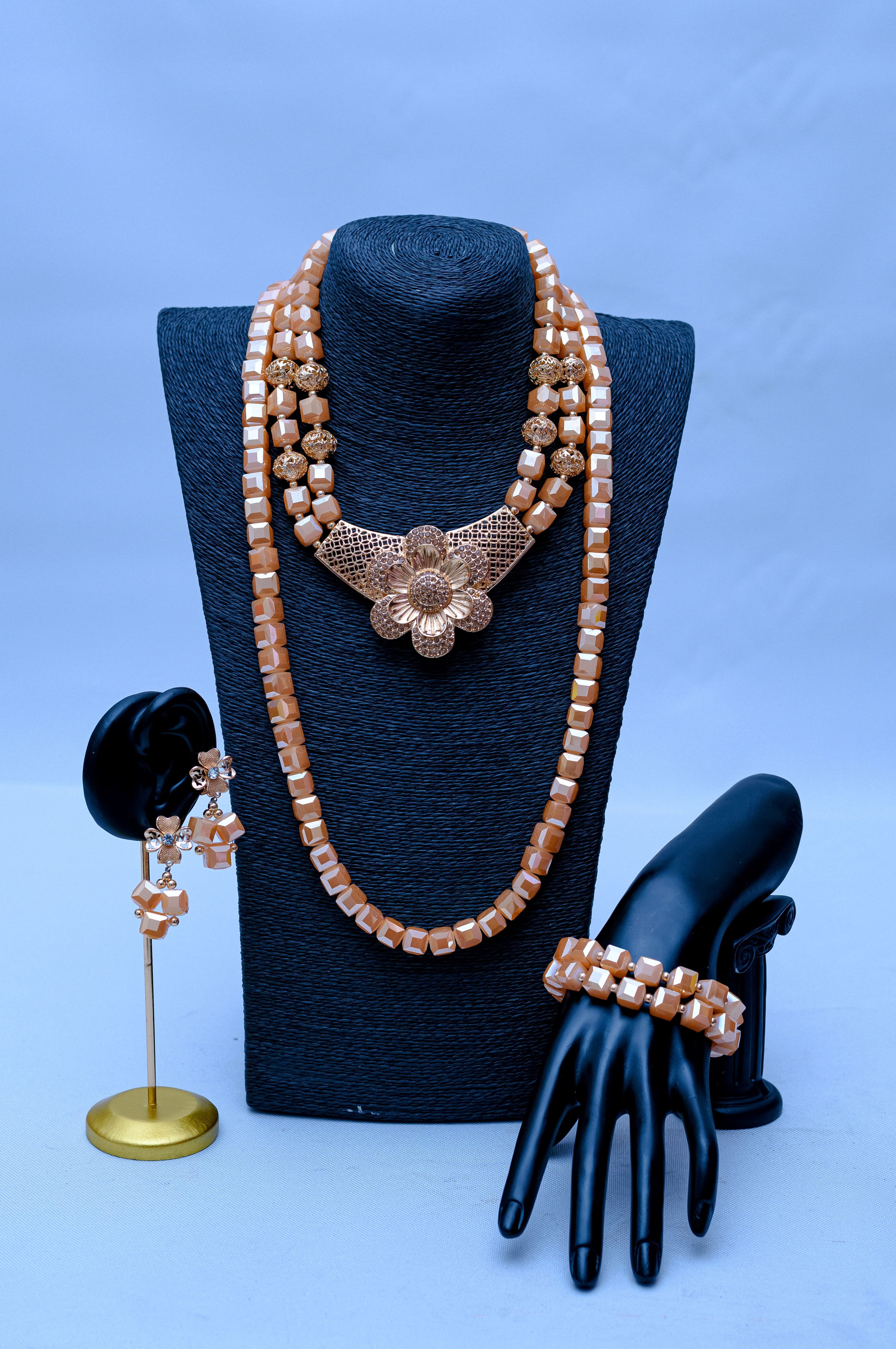 Women's Double Strand Peach Crystal Cube, Gold Filigree & Rose Flower Necklace, Bracelet & Earring Set