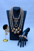Women's Triple Strand Champagne Pearl, Gold Filigree & Morganite Crystal Drop Necklace, Bracelet & Earring Set
