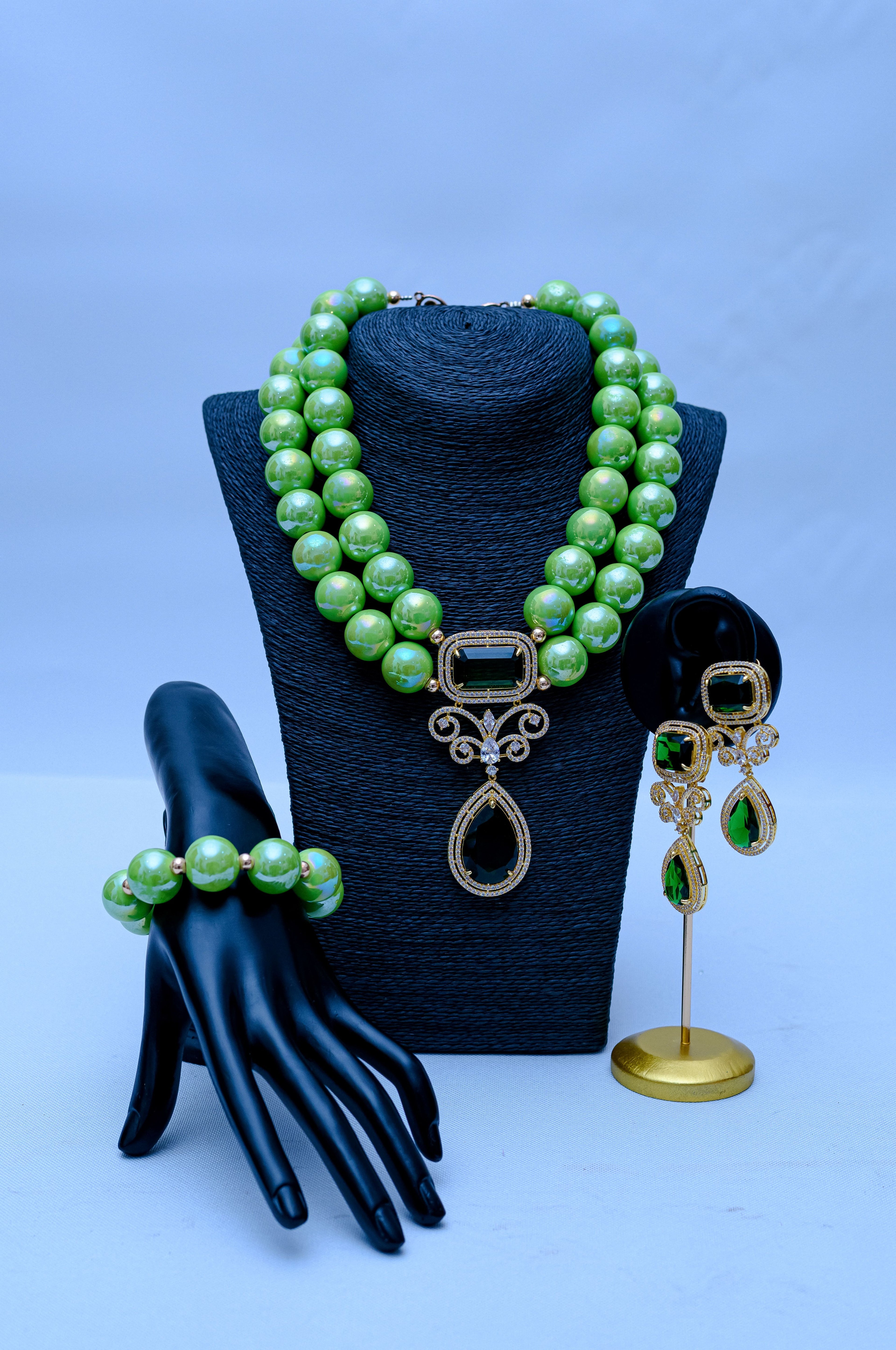 Women's Double Strand Green Pearl, Gold Filigree & Emerald Crystal Drop Necklace, Bracelet & Earring Set