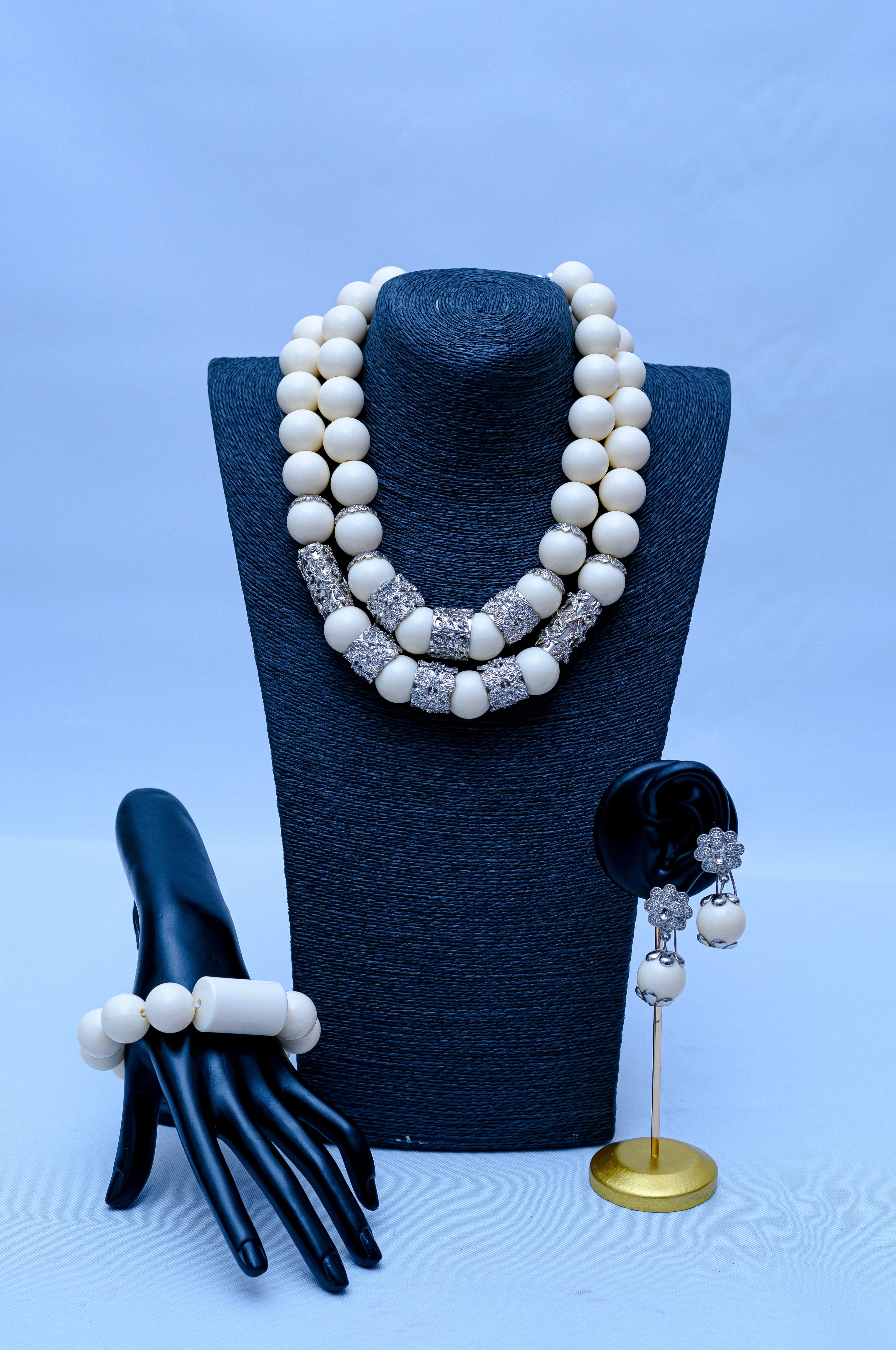 Women's Double Strand White Pearl, Silver Pavé Tube Necklace, Bracelet & Earring Set