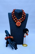 Women's Tortoiseshell Agate, Gold & Coral Rose Necklace, Bracelet & Earring Set
