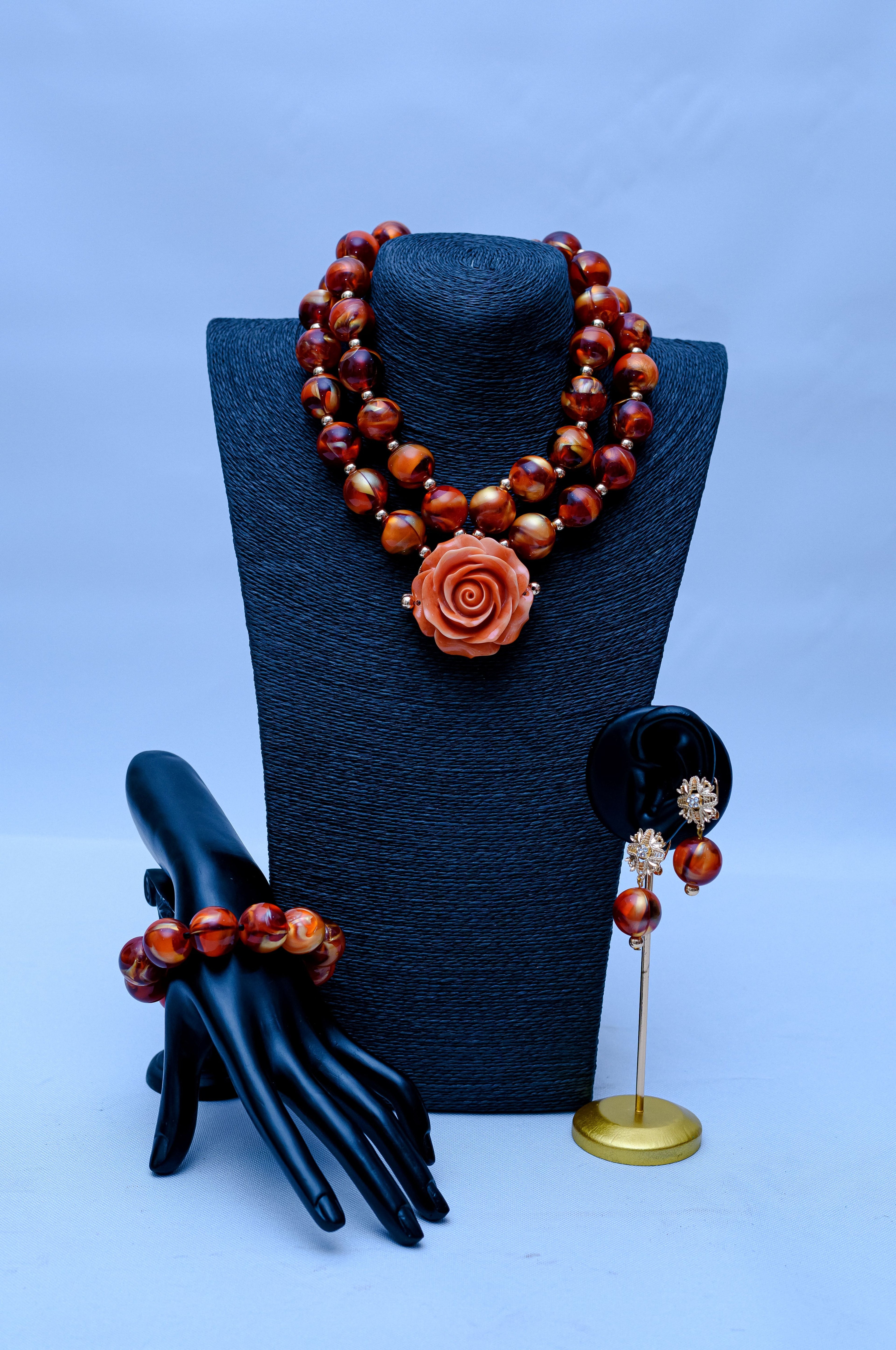 Women's Tortoiseshell Agate, Gold & Coral Rose Necklace, Bracelet & Earring Set
