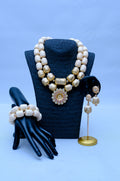 Women's Cream Bead, Gold Filigree & Crystal Flower Necklace, Bracelet & Earring Set