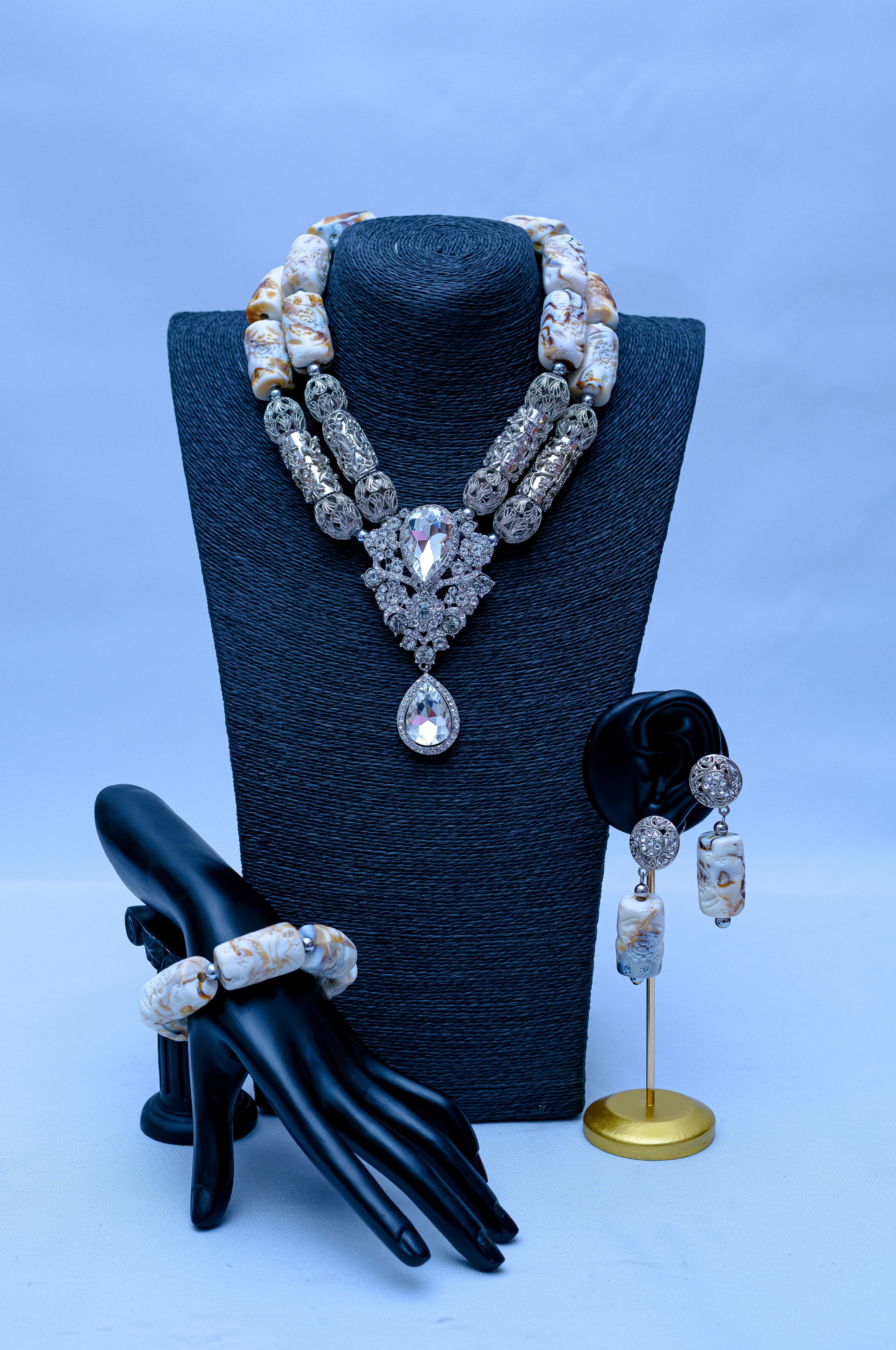 Handmade Marble Stone & Crystal Diamond Beaded Jewelry Set