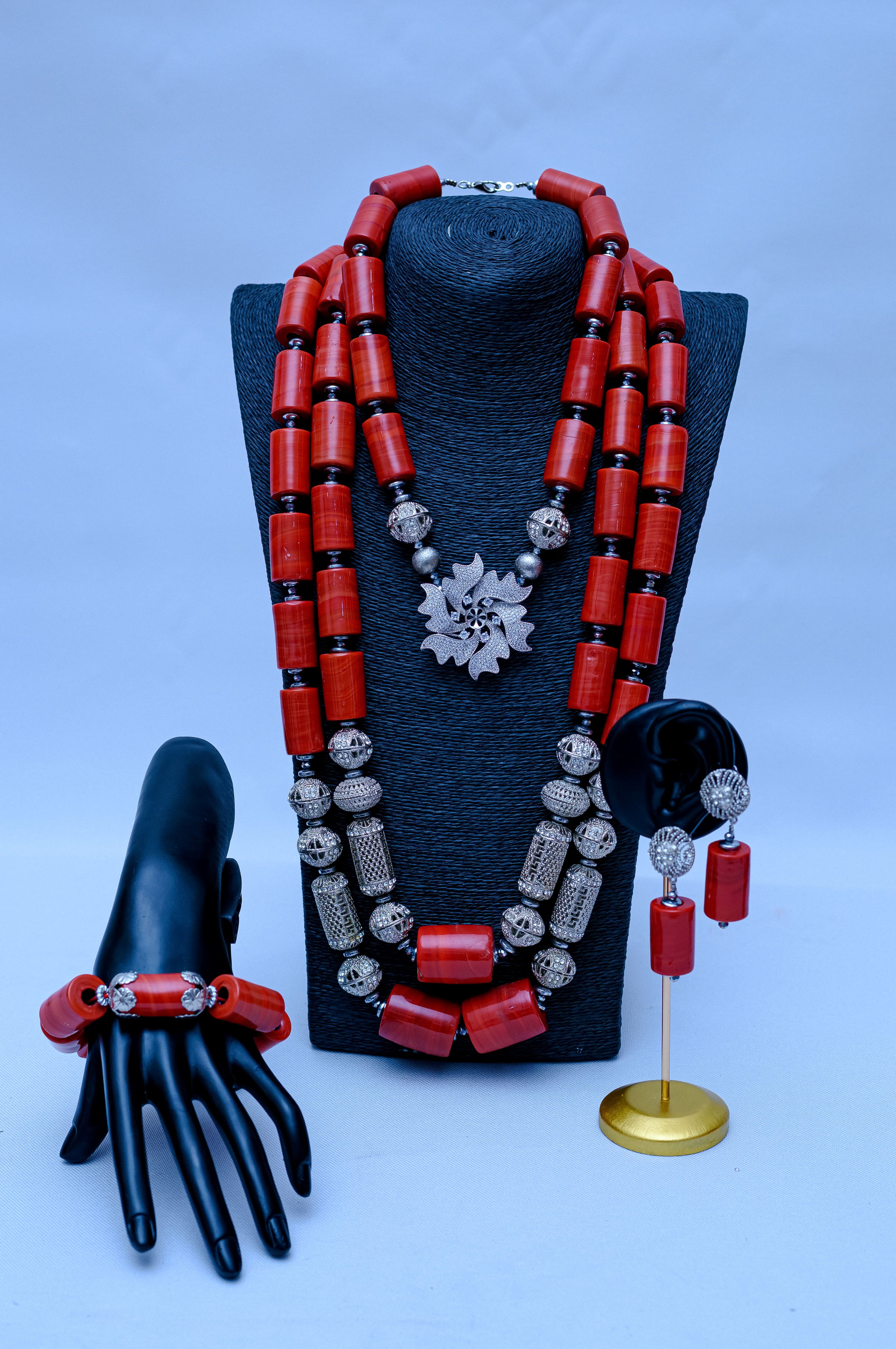 Handmade Red Coral & Silver Beaded Jewelry Set