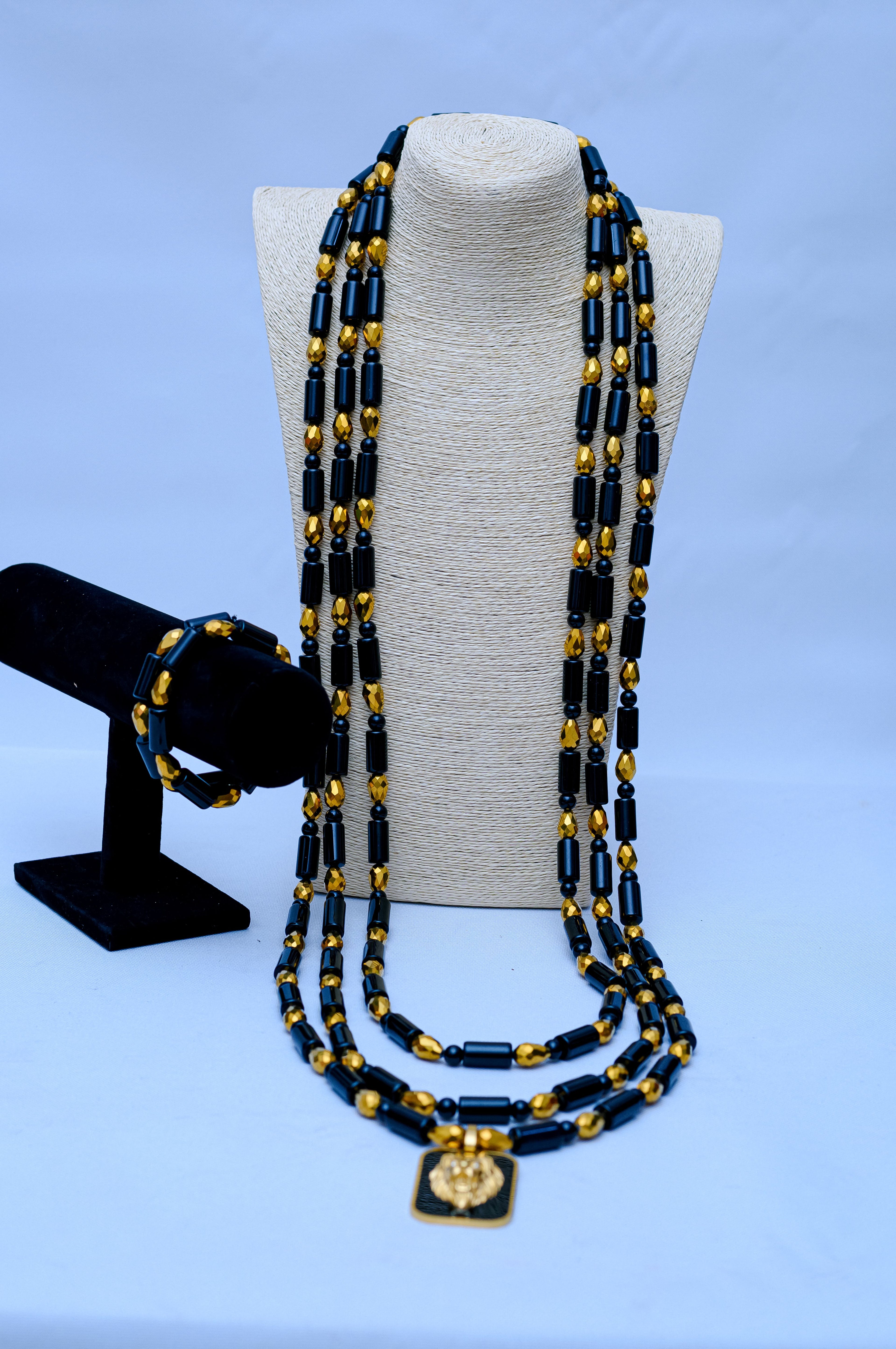Men's Triple Strand Black Onyx, Gold Crystal & Lion Head Pendant Necklace & Bracelet Set
