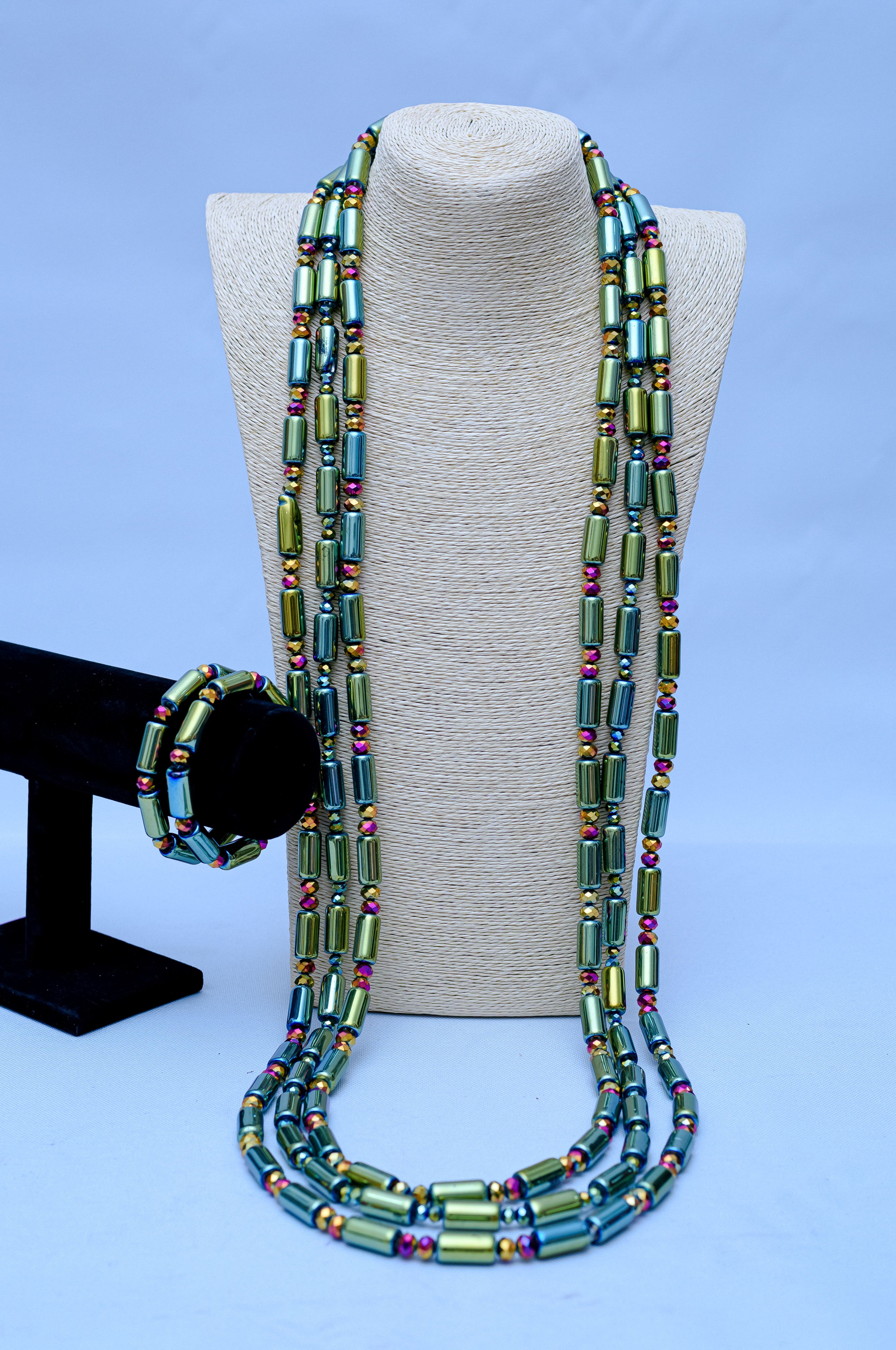 Men's Triple Strand Iridescent Green Hematite & Rainbow Crystal Necklace & Bracelet Set