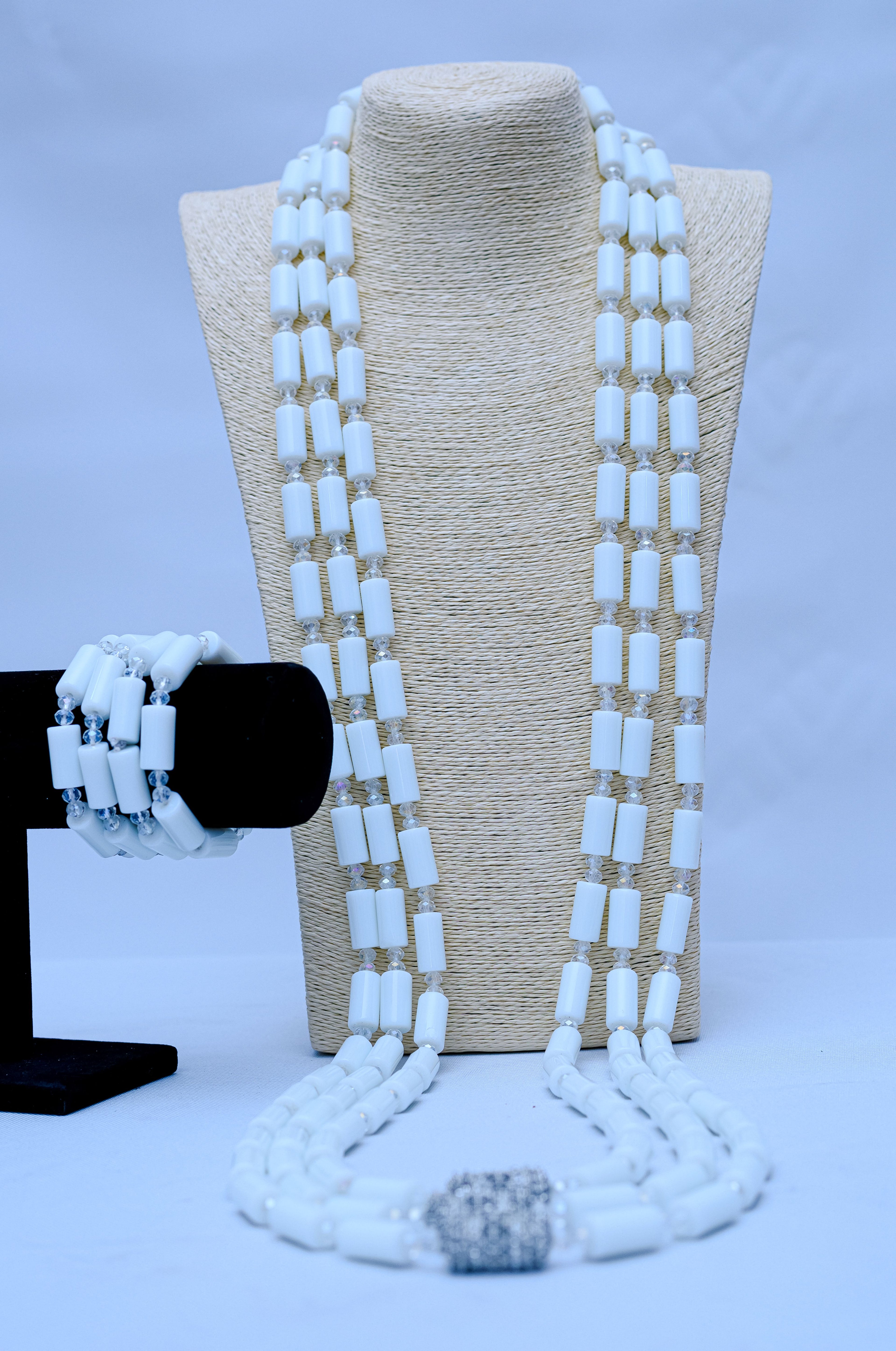 Men's Triple Strand White Howlite Tube & Crystal Necklace & Bracelet Set