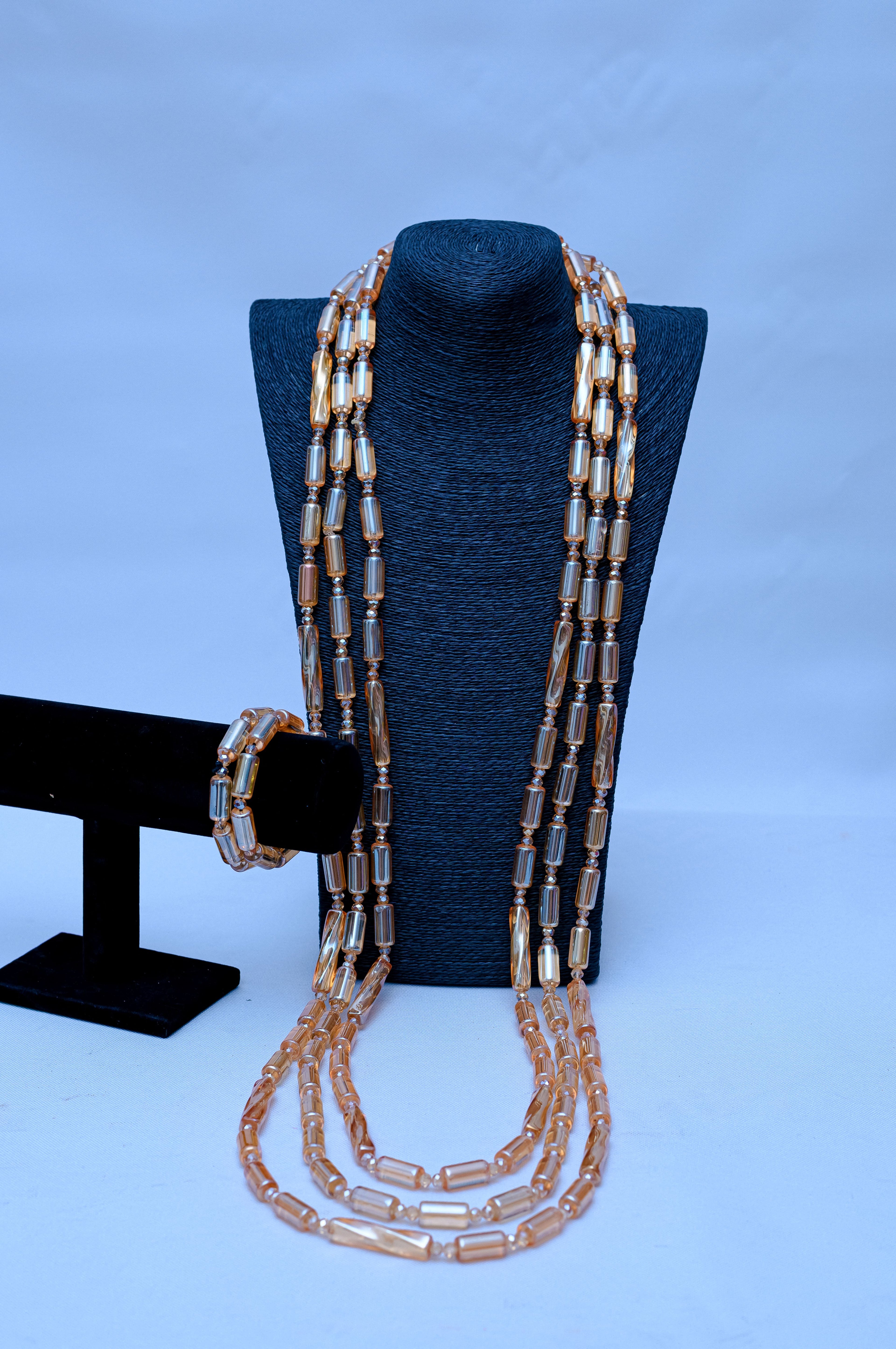 Men's Triple Strand Champagne Crystal Tube & Gold Necklace & Bracelet Set