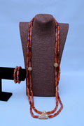 Men's Double Strand Carnelian & Gold Filigree Necklace & Bracelet Set