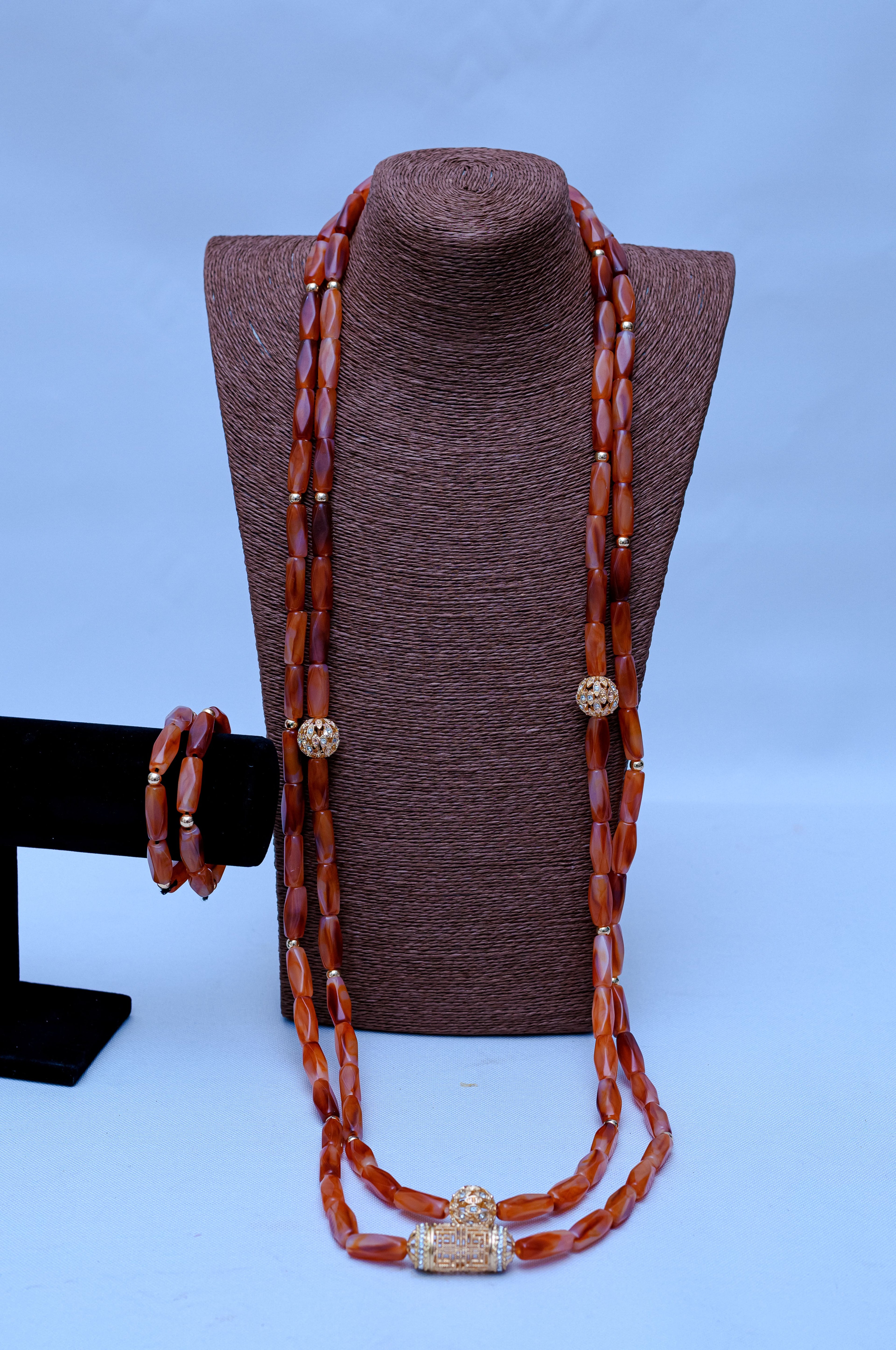 Men's Double Strand Carnelian & Gold Filigree Necklace & Bracelet Set