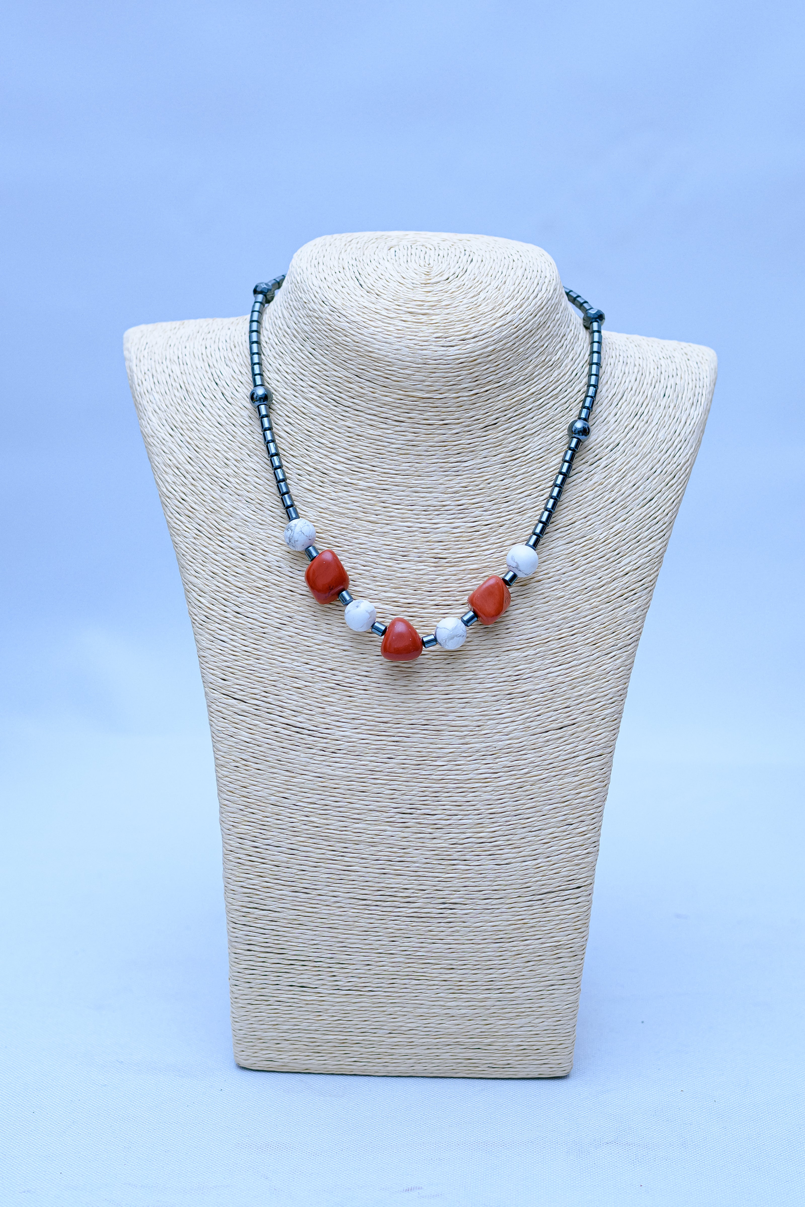 Men's Hematite Tube, Red Coral & Howlite Statement Necklace