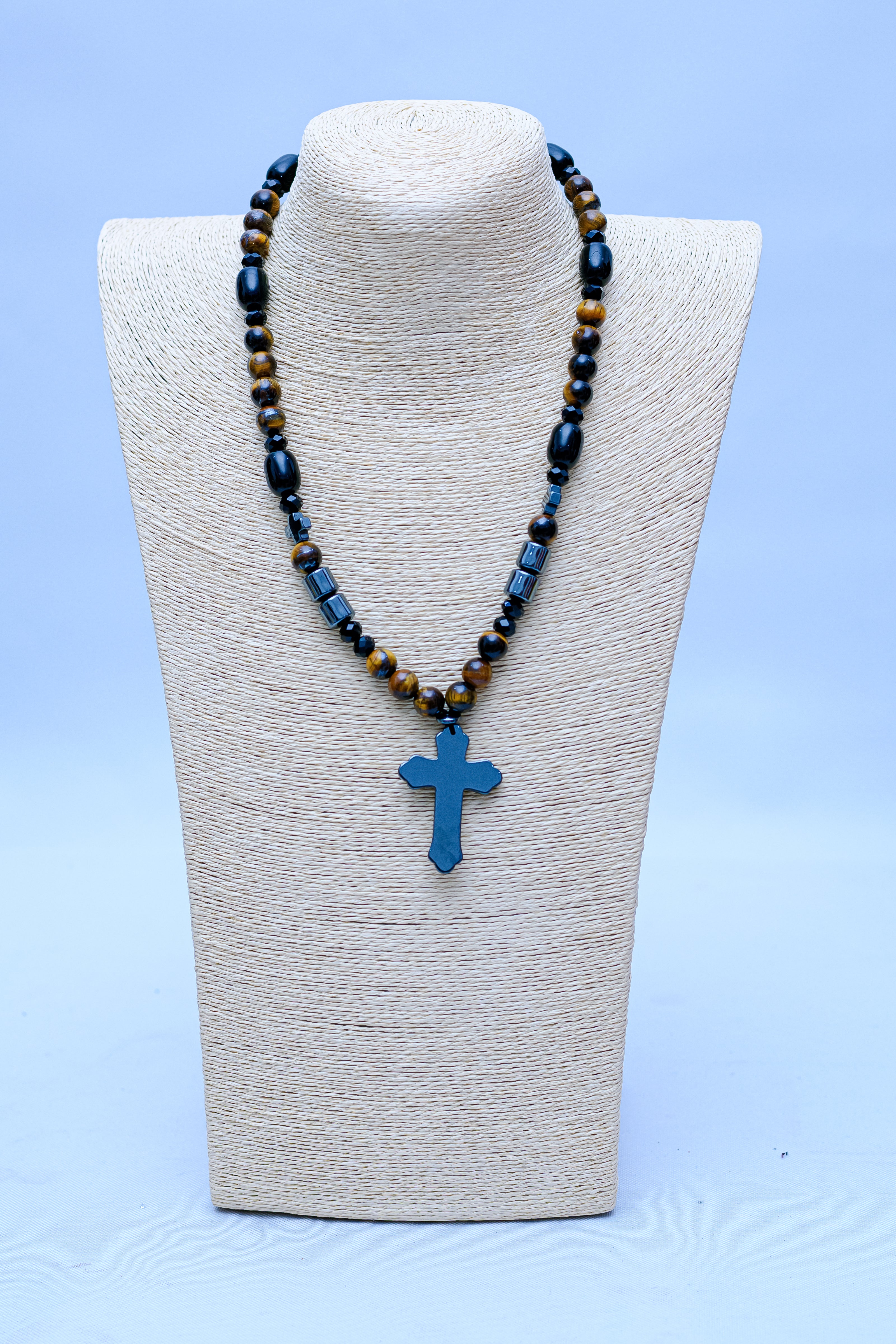 Men's Tiger's Eye, Black Onyx & Hematite Cross Pendant Necklace
