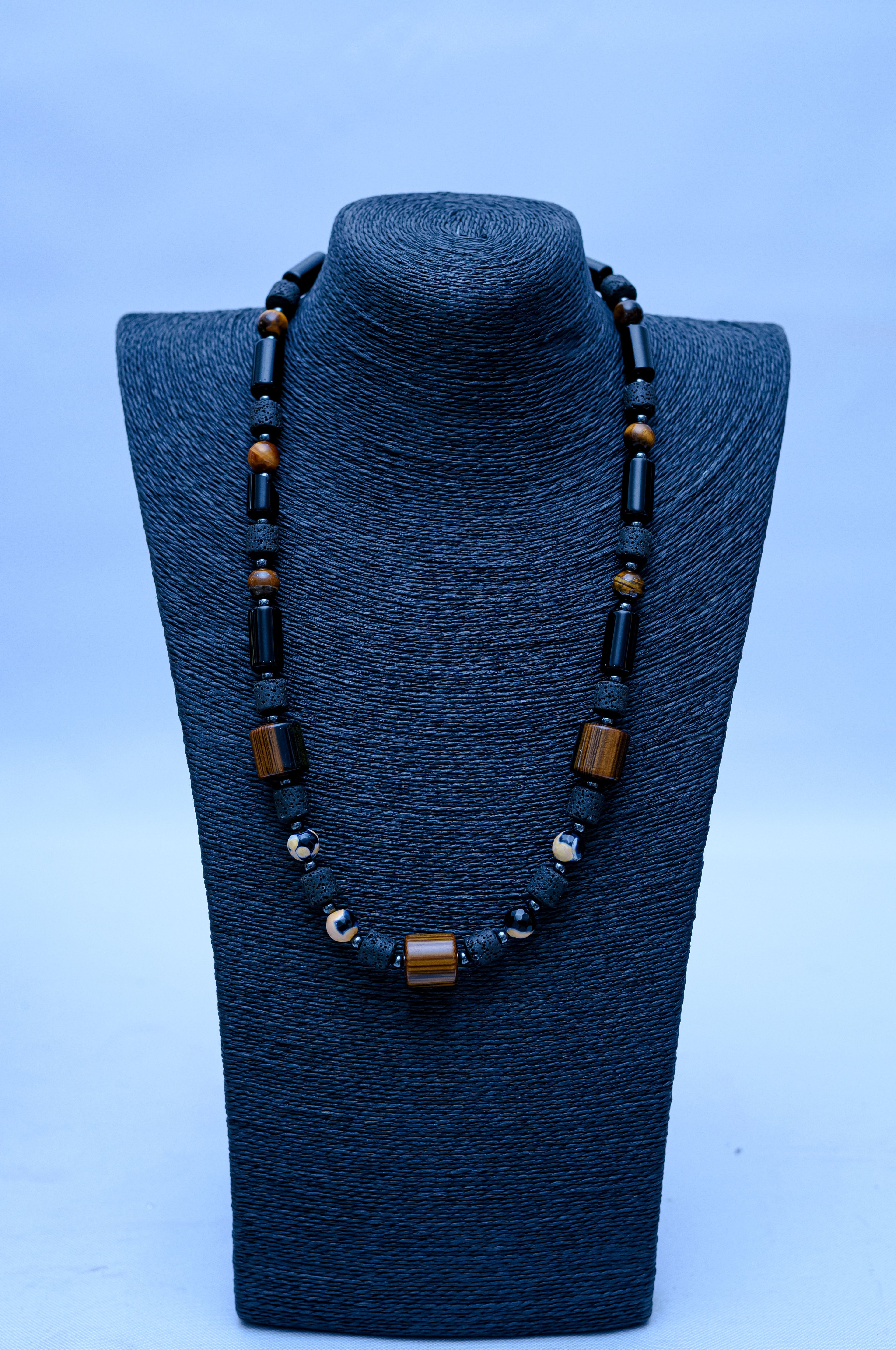 Men's Black Onyx Tube, Lava Stone & Tiger's Eye Necklace