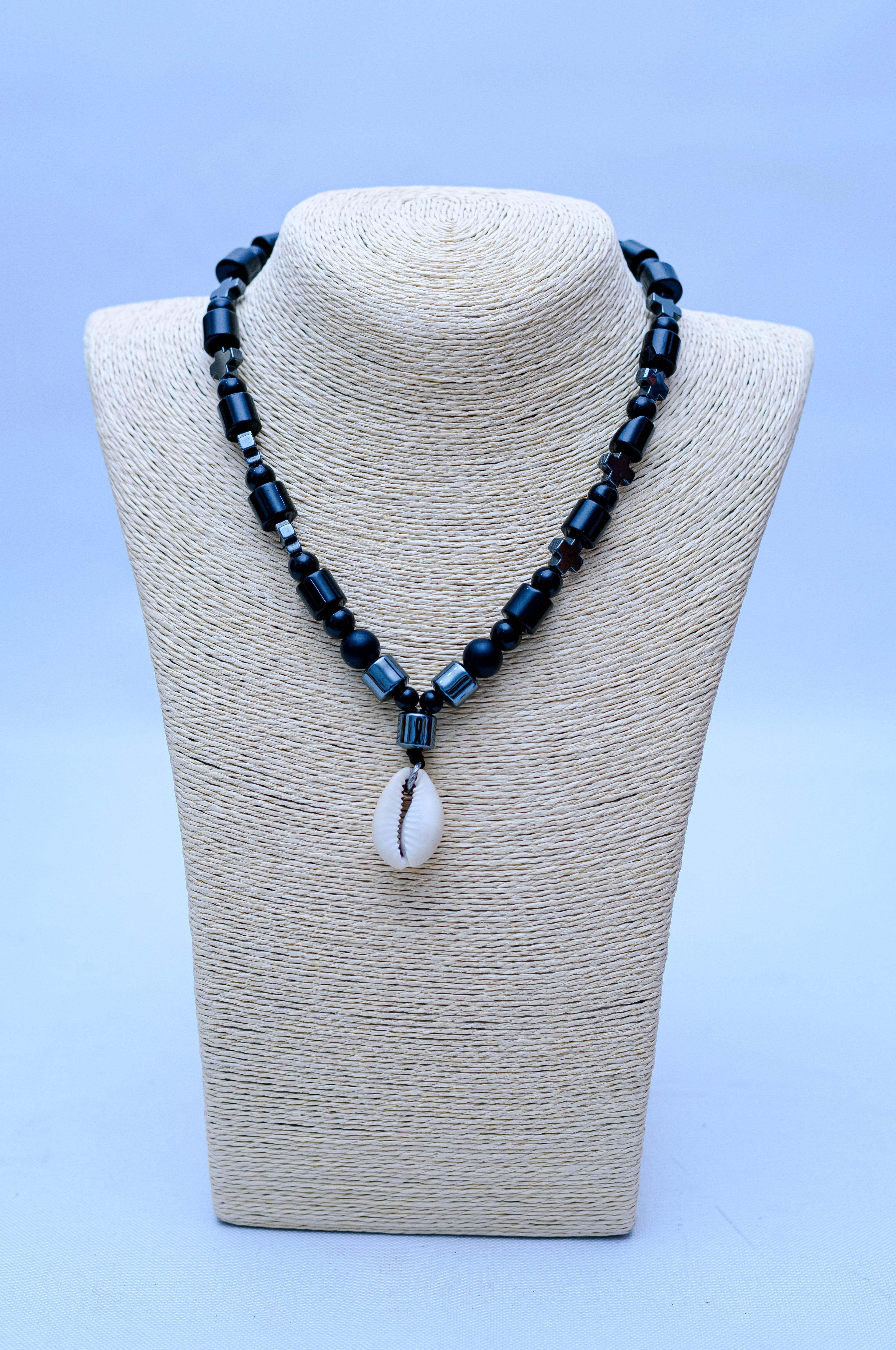 Men's Black Onyx, Hematite Cube & Cowrie Shell Pendant Necklace