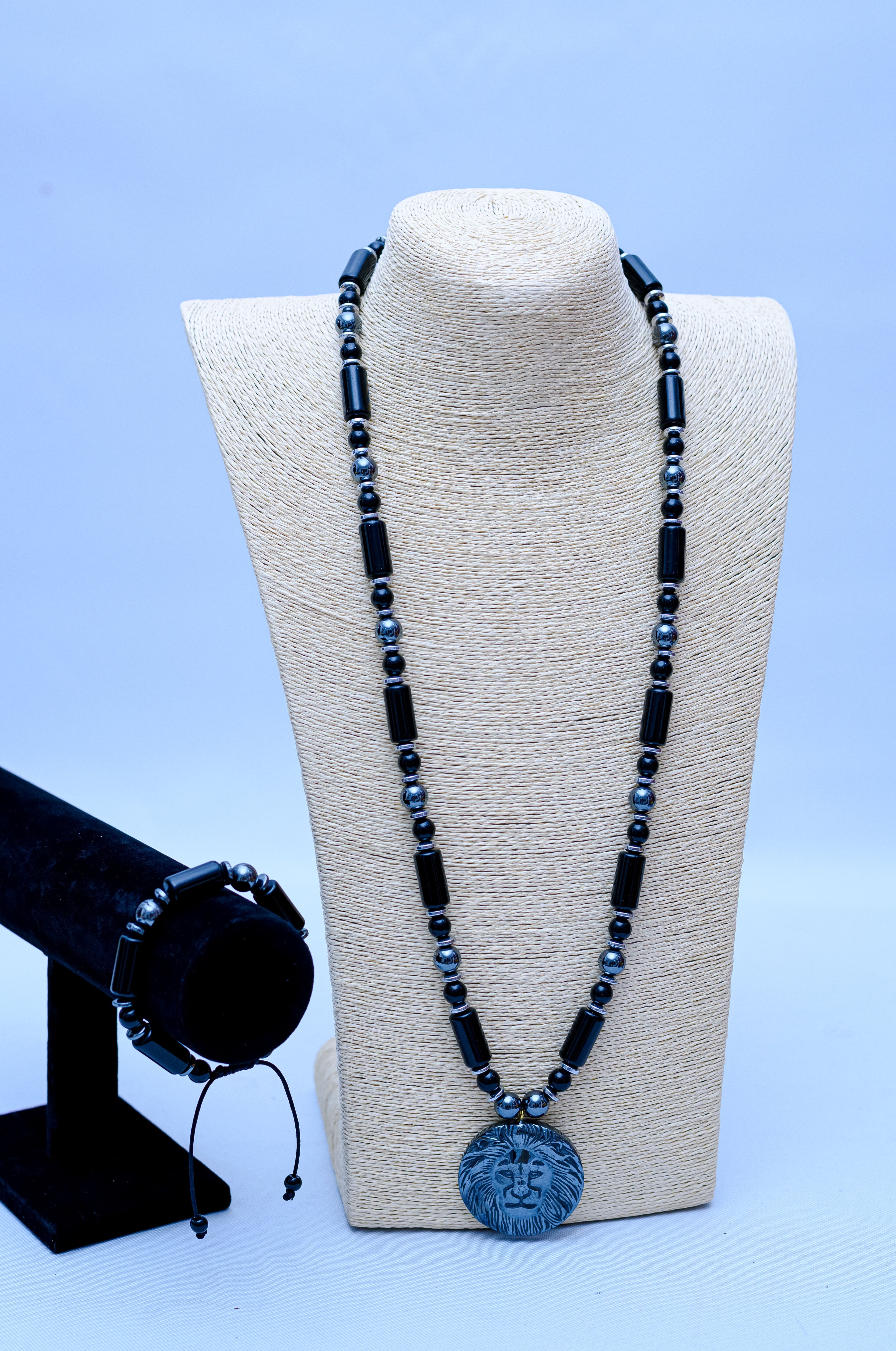 Men's Black Onyx, Hematite & Lion Head Pendant Necklace & Bracelet Set