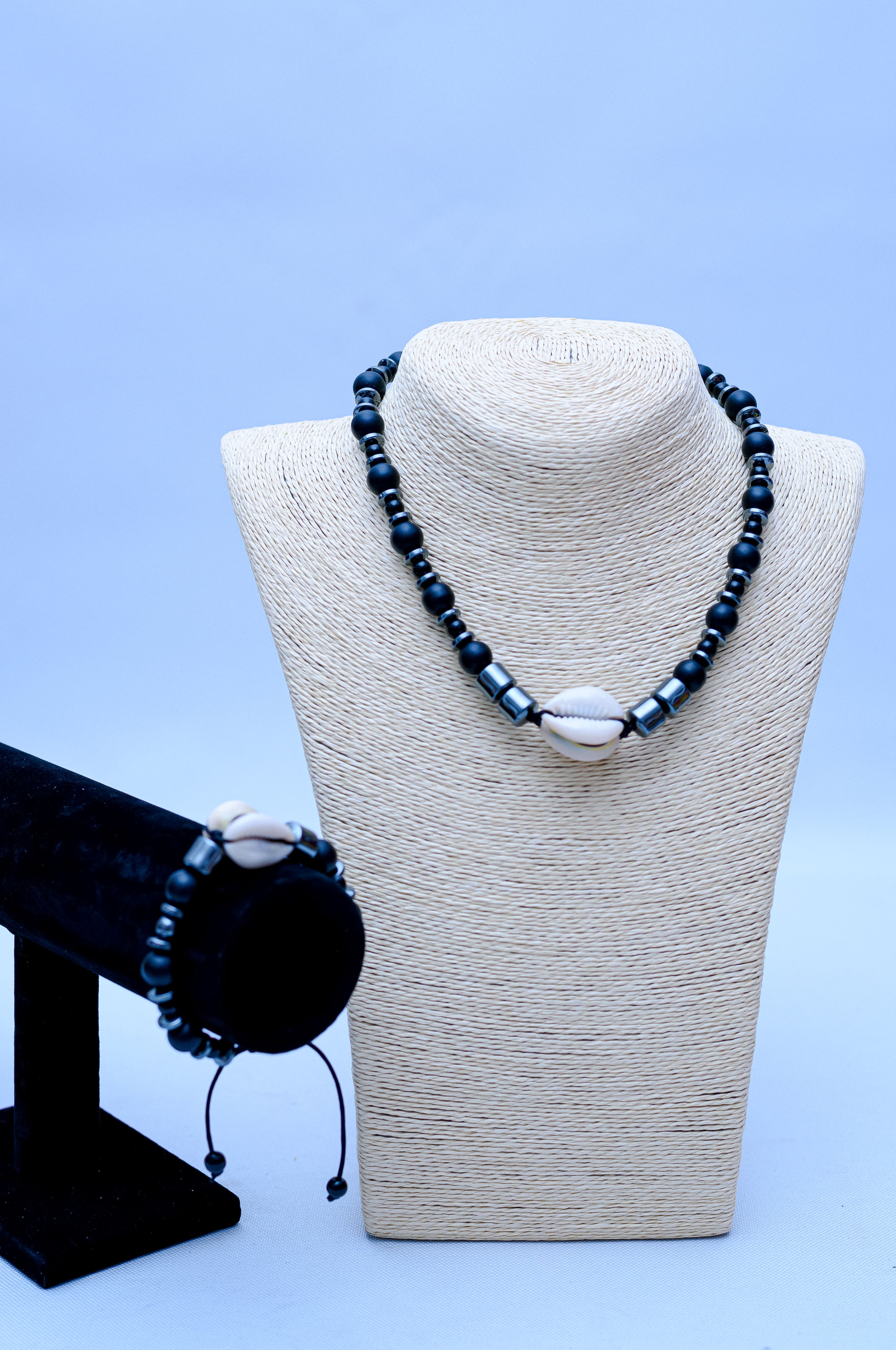 Men's Black Onyx, Hematite & Cowrie Shell Necklace & Bracelet Set