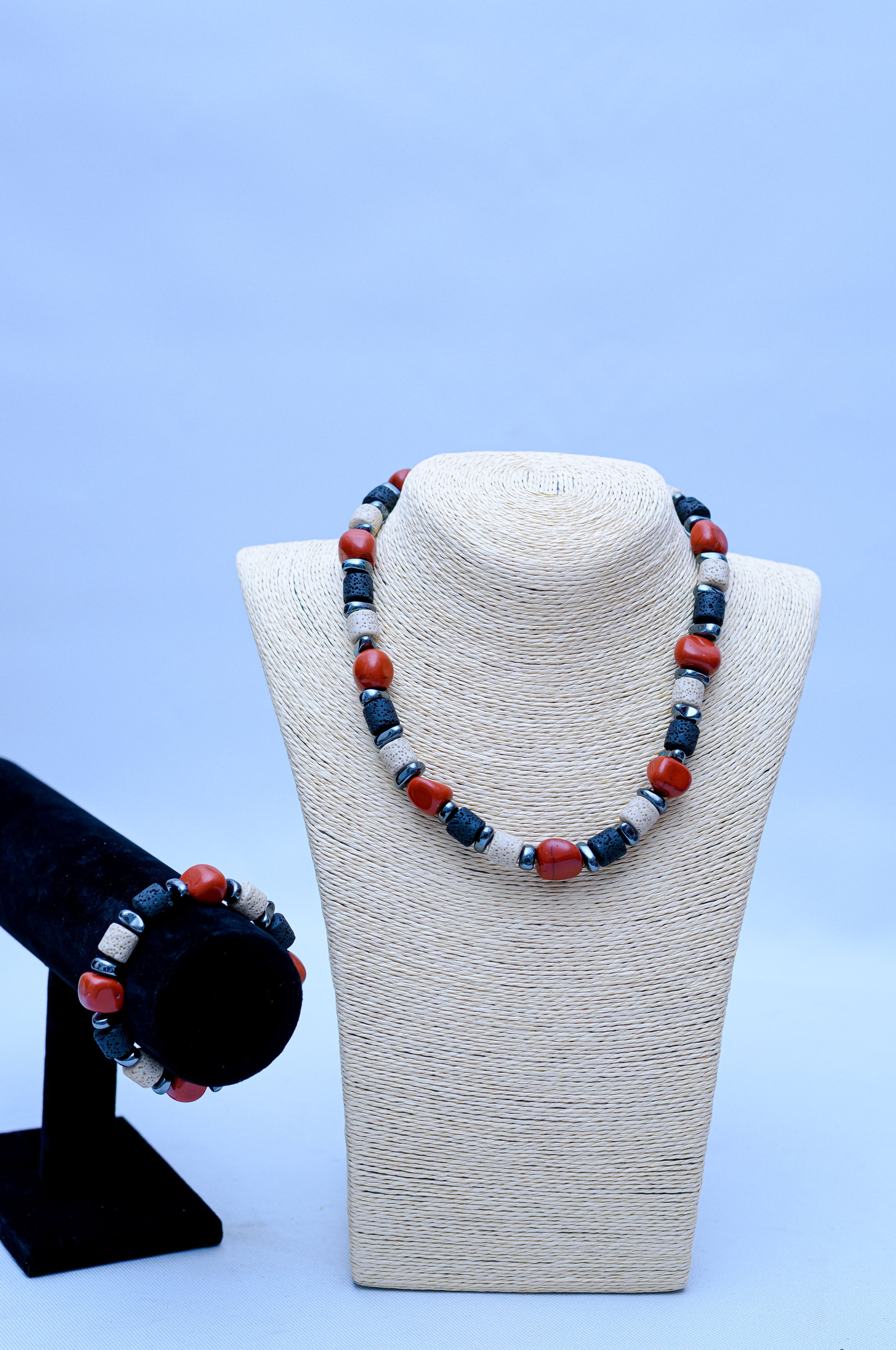 Men's Lava Stone, Red Coral & Hematite Necklace & Bracelet Set