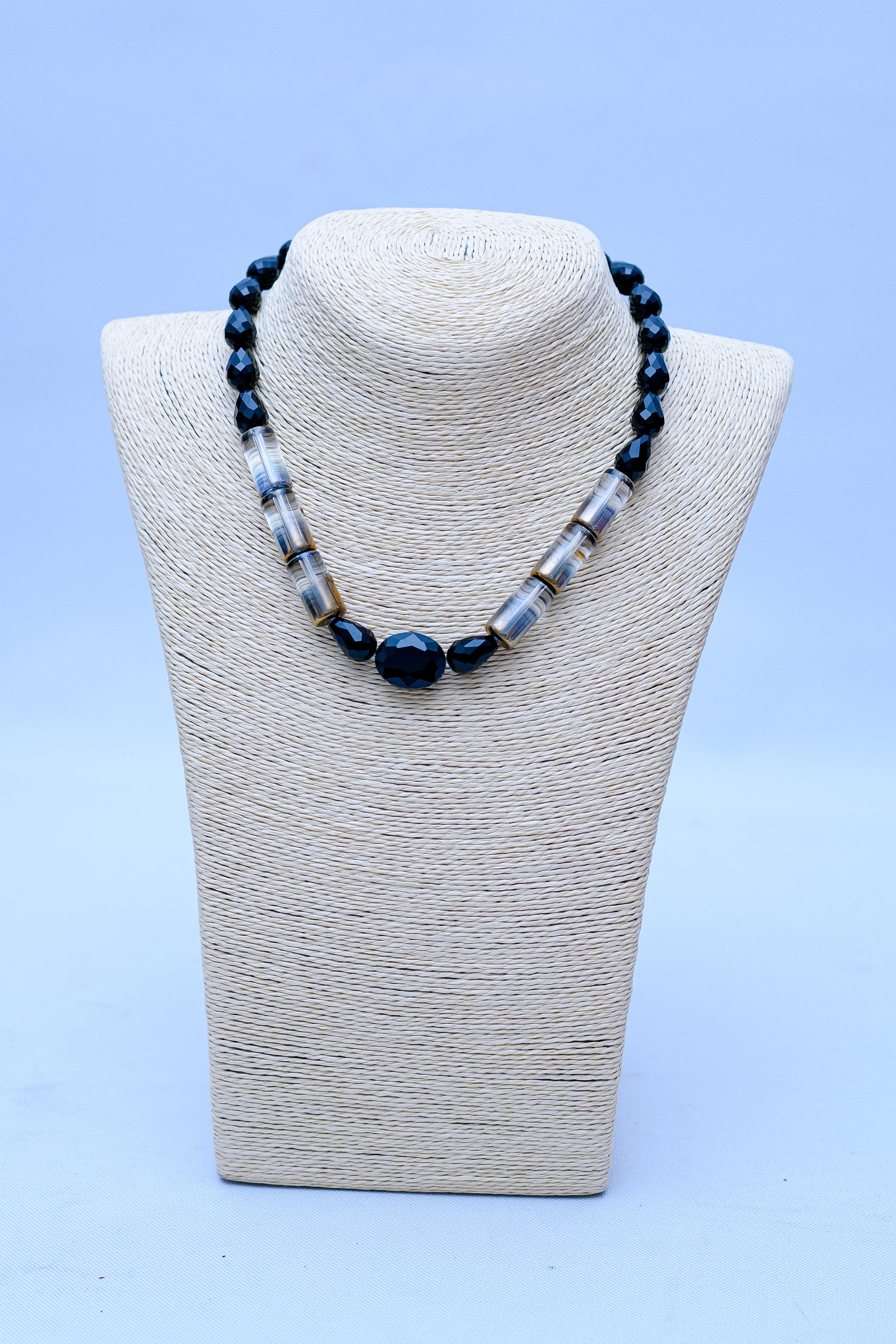 Men's Faceted Black Onyx & Clear Crystal Tube Necklace