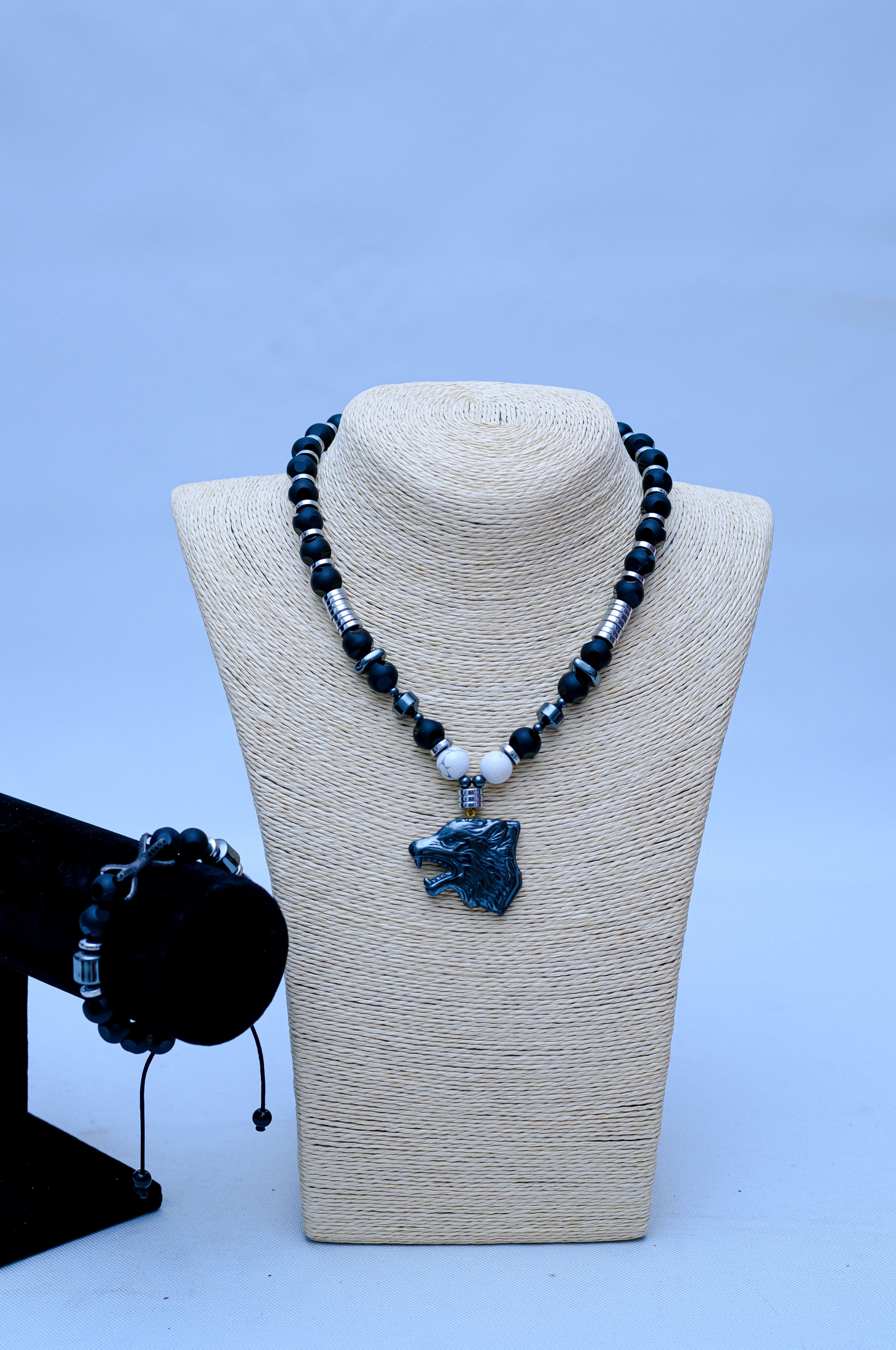 Men's Black Onyx, Hematite & Wolf Head Necklace & Bracelet Set