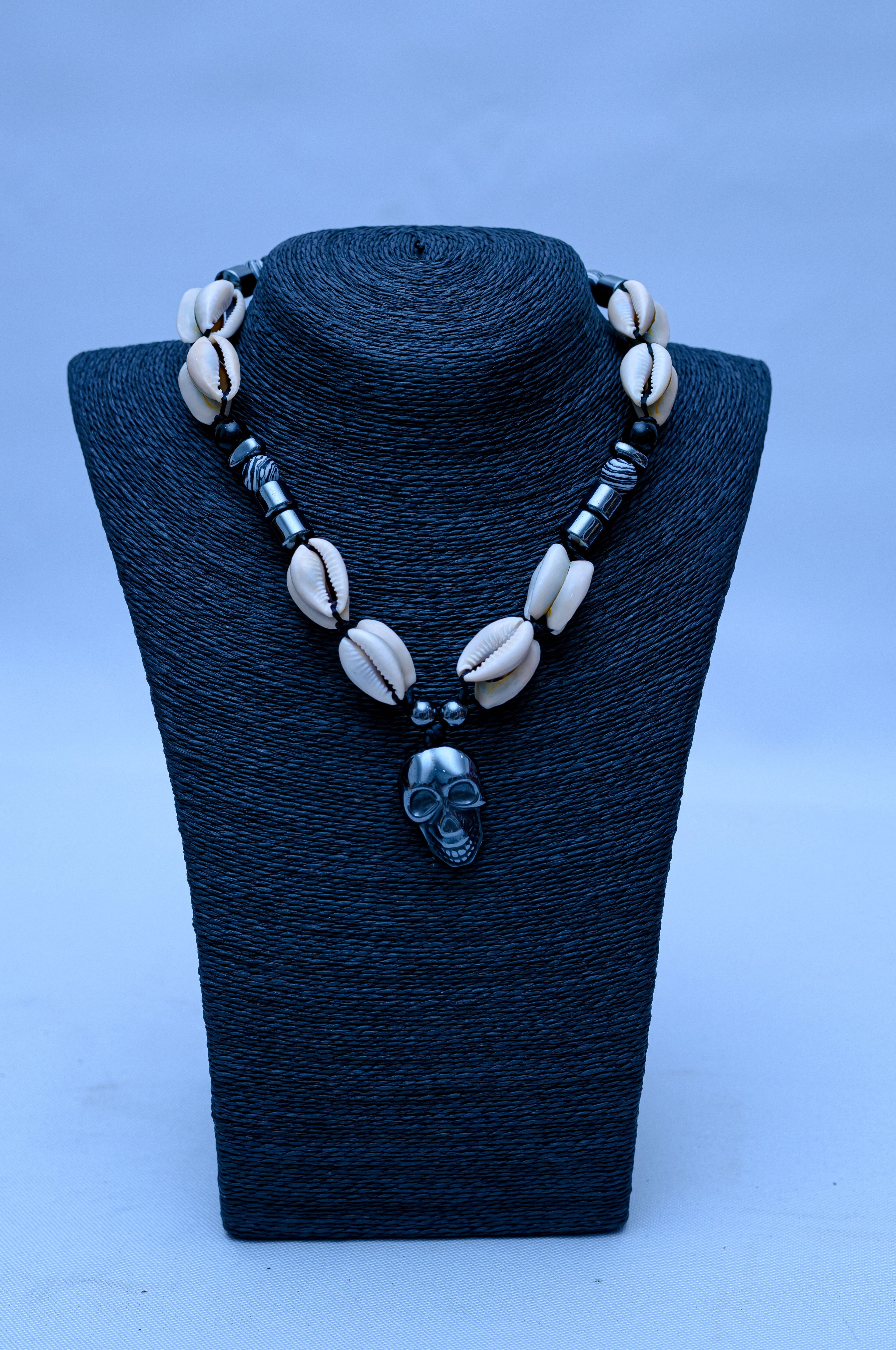 Men's Cowrie Shell, Hematite & Skull Pendant Necklace