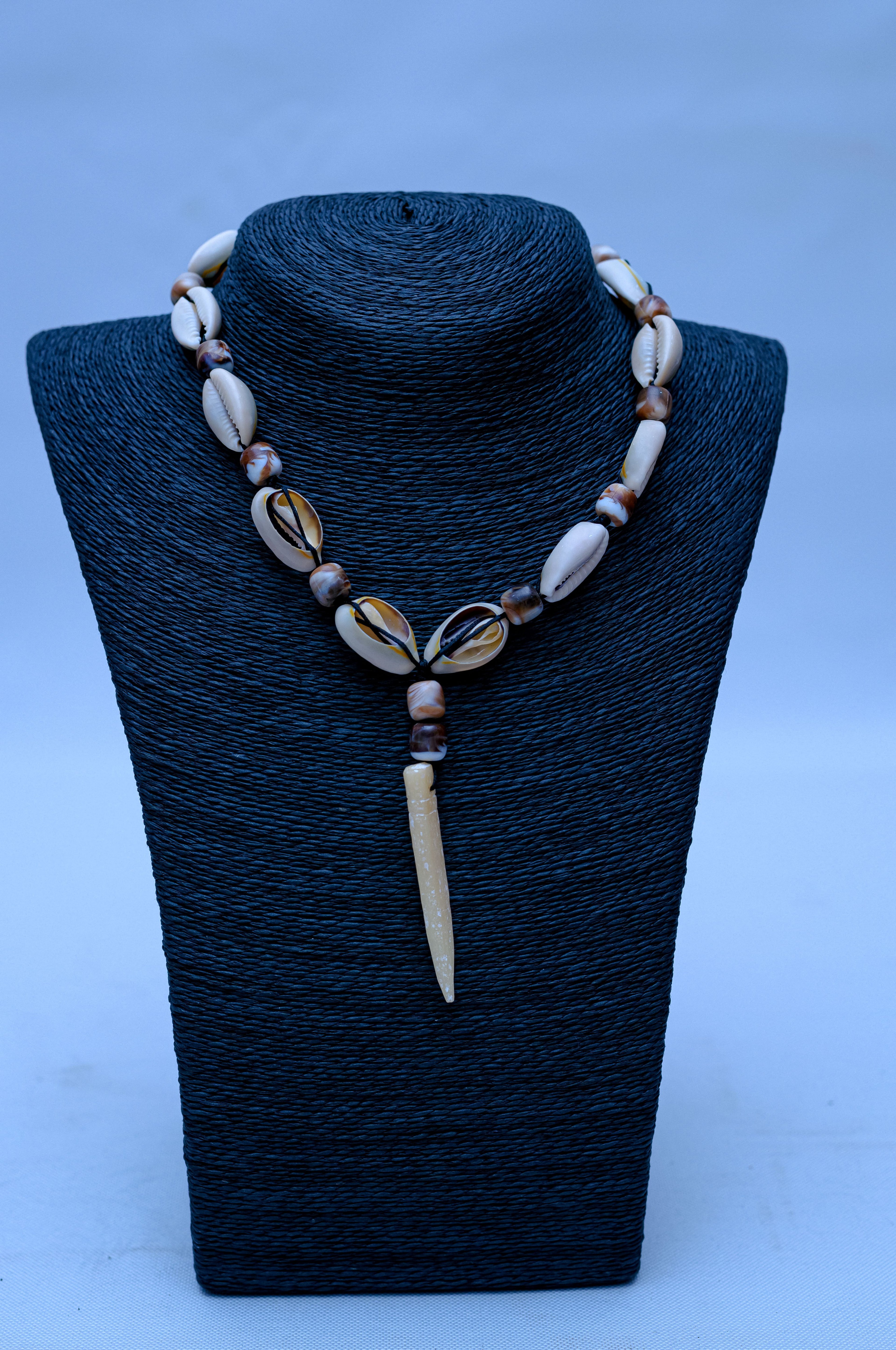 Men's Cowrie Shell, Wood Bead & Spike Pendant Necklace