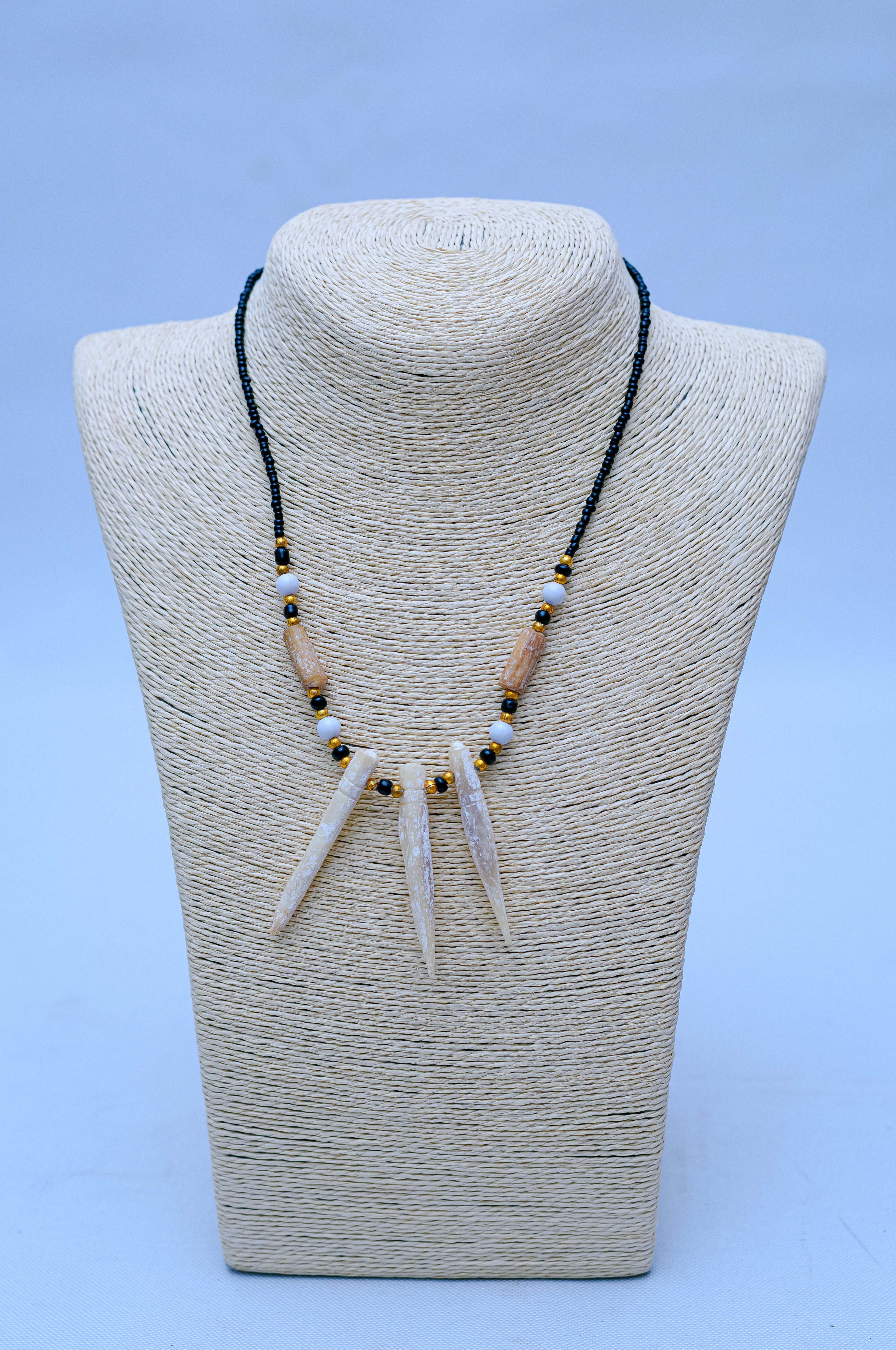 Men's Triple Spike, Wood & Gold Seed Bead Necklace