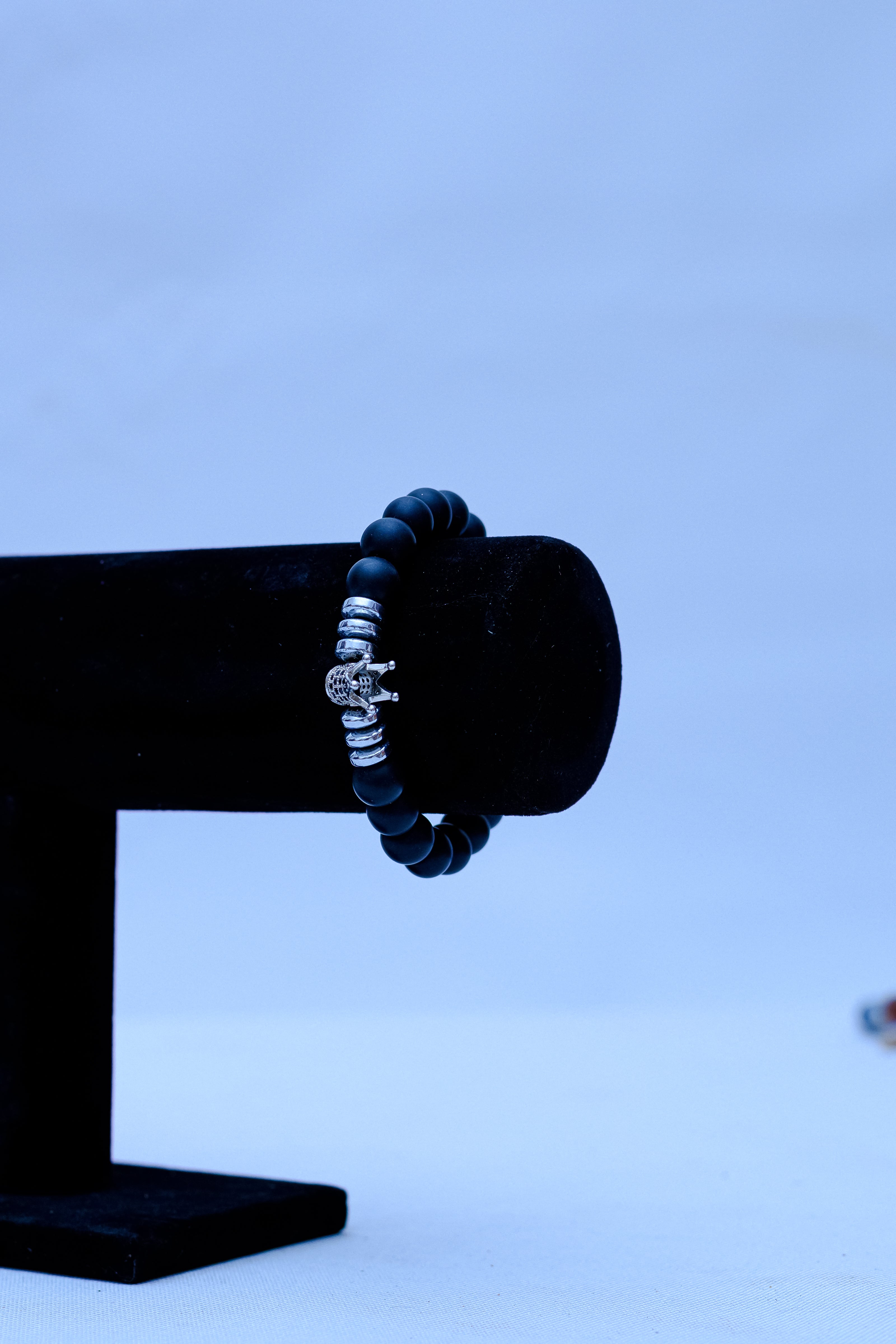 Men's Black Onyx & Silver Crown Charm Bracelet