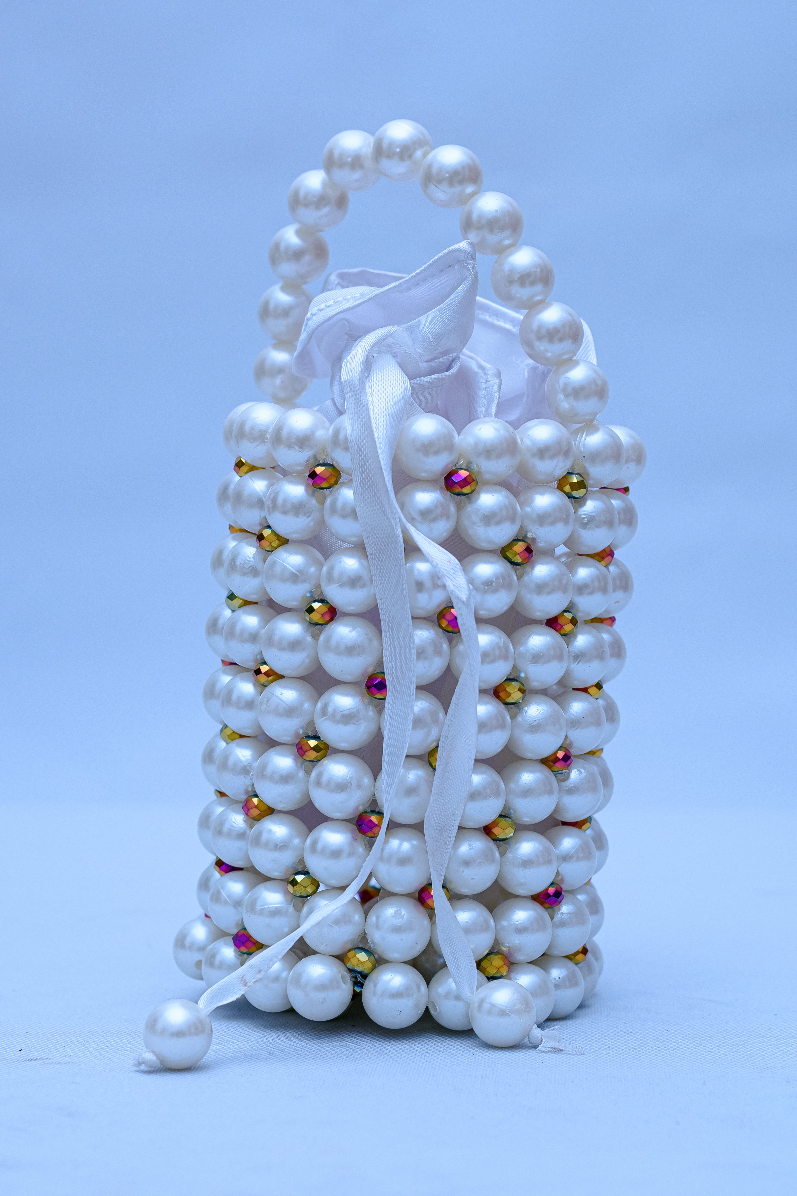 Handmade White Pearl & Iridescent Crystal Beaded Bucket Bag